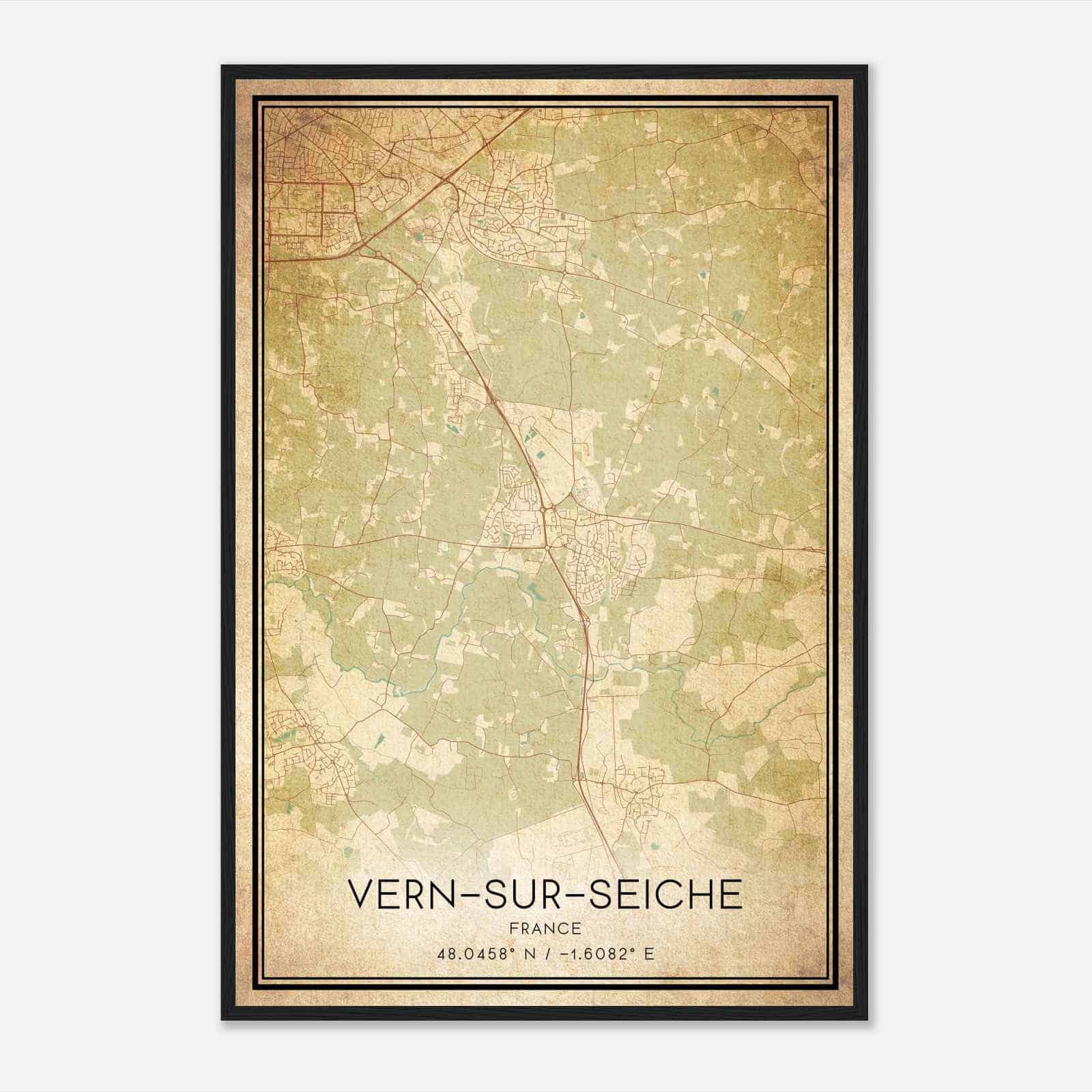 Vintage Vern-sur-Seiche France Map Poster, Vern-sur-Seiche City Road Wall Art Print