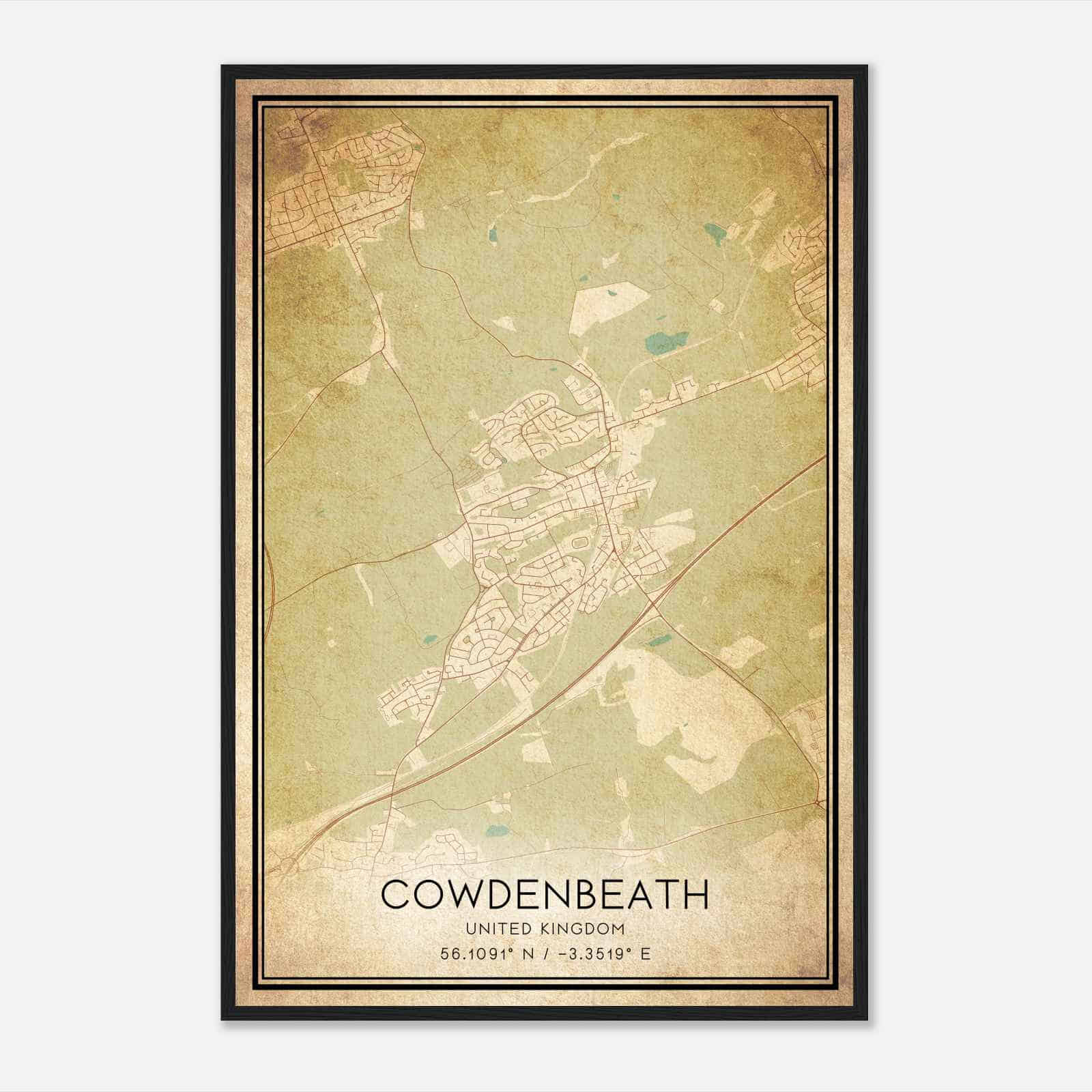 Vintage Cowdenbeath United Kingdom Map Poster, Cowdenbeath City Road Wall Art Print