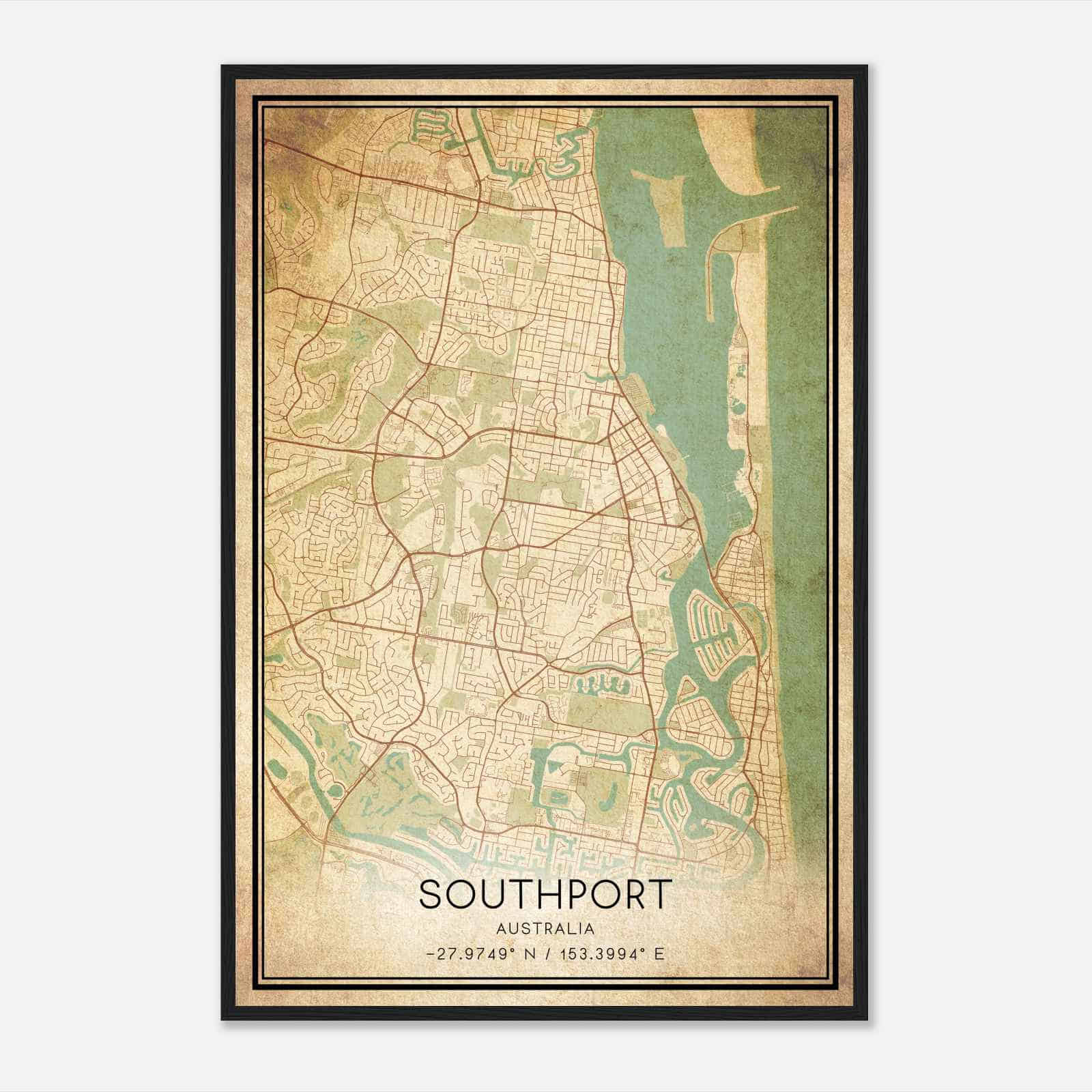 Vintage Southport Australia Map Poster, Southport City Road Wall Art Print