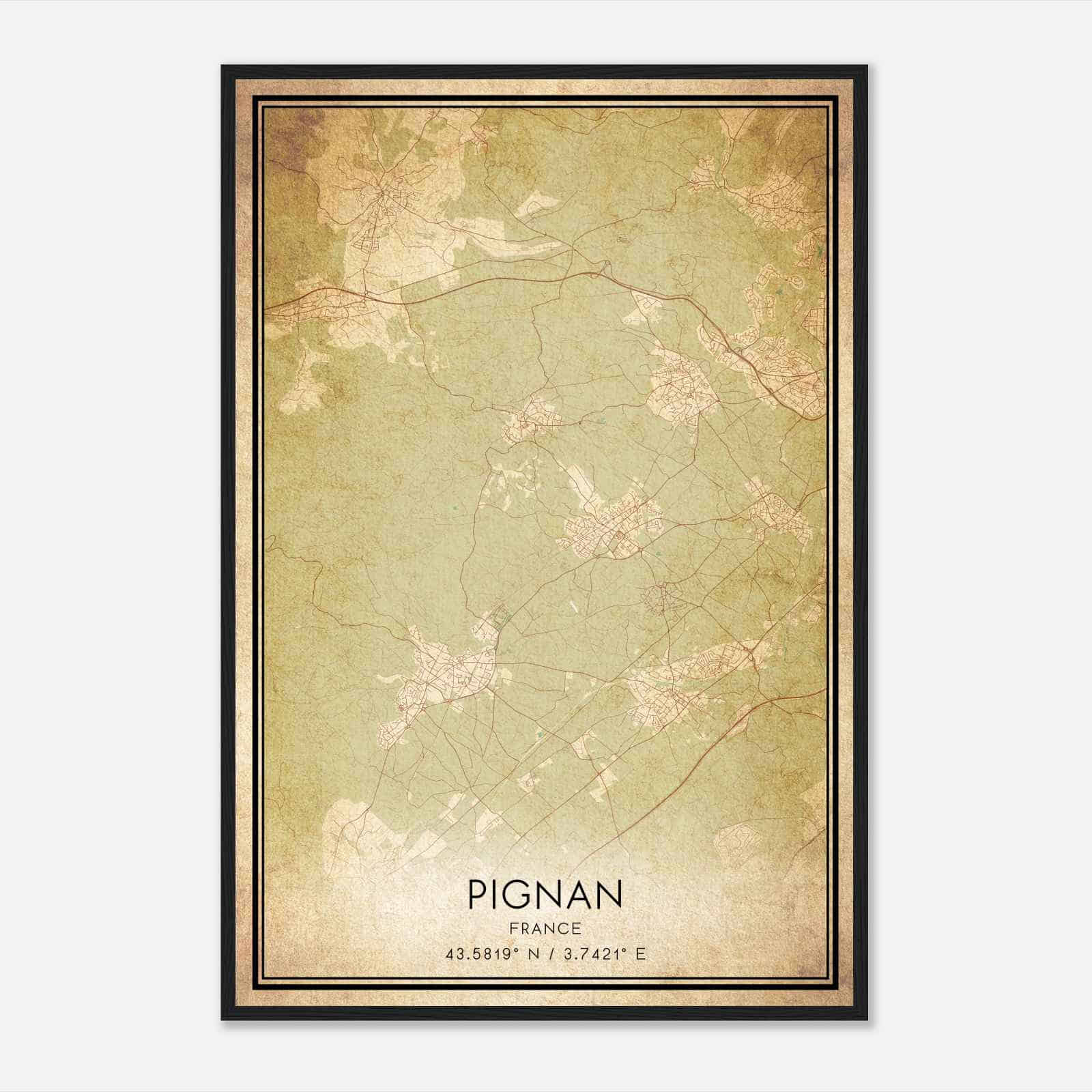 Vintage Pignan France Map Poster, Pignan City Road Wall Art Print