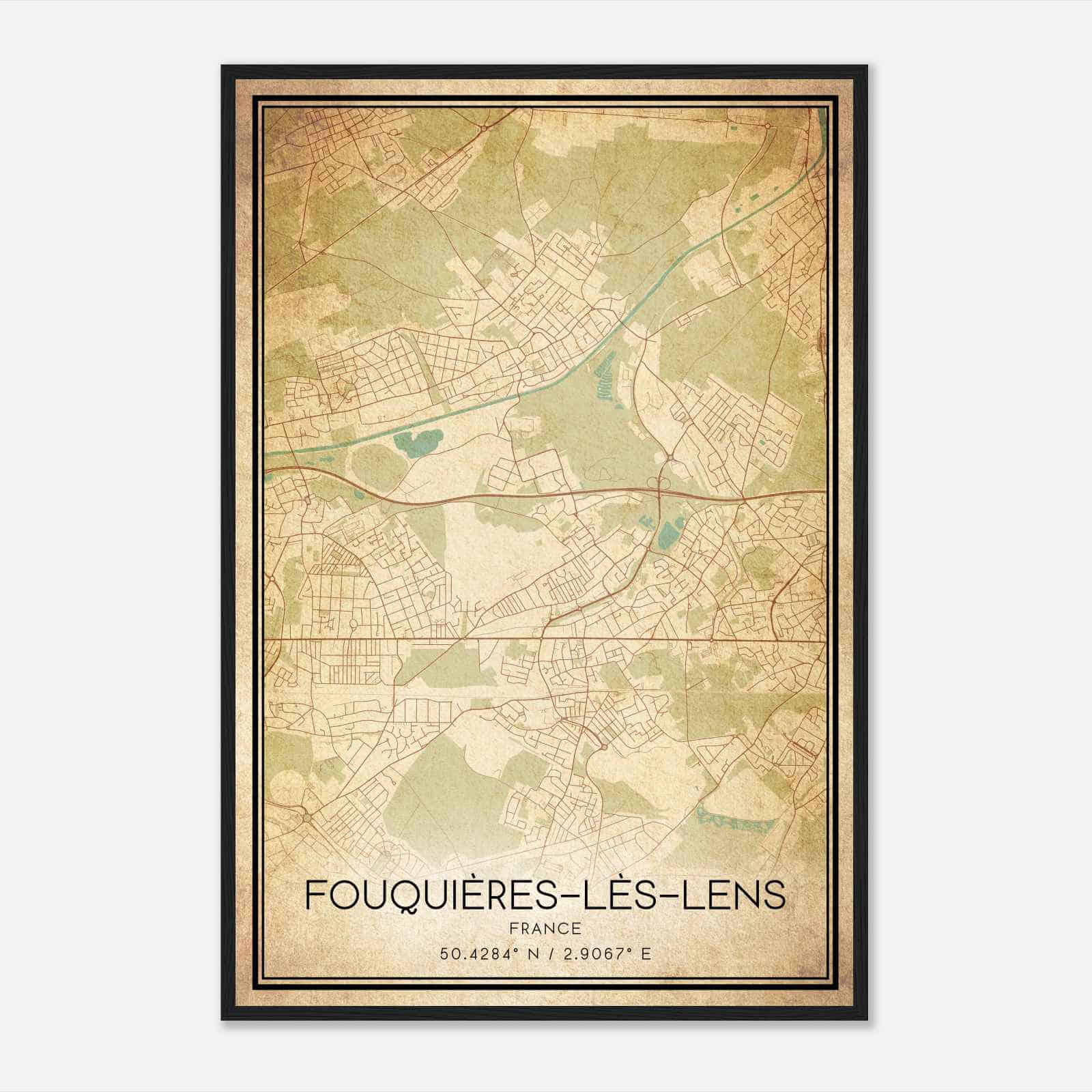 Vintage Fouquieres-les-Lens France Map Poster, Fouquieres-les-Lens City Road Wall Art Print