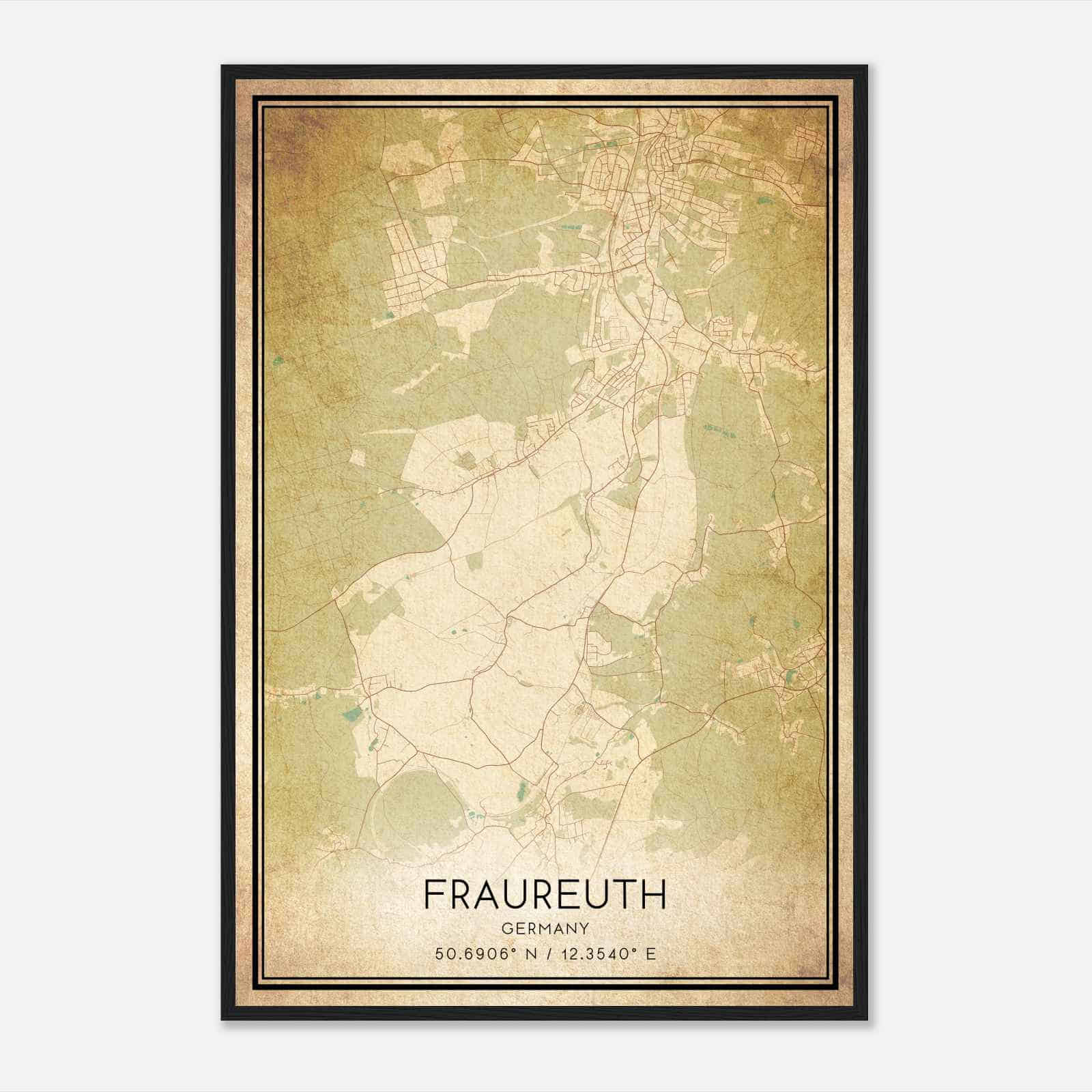 Vintage Fraureuth Germany Map Poster, Fraureuth City Road Wall Art Print