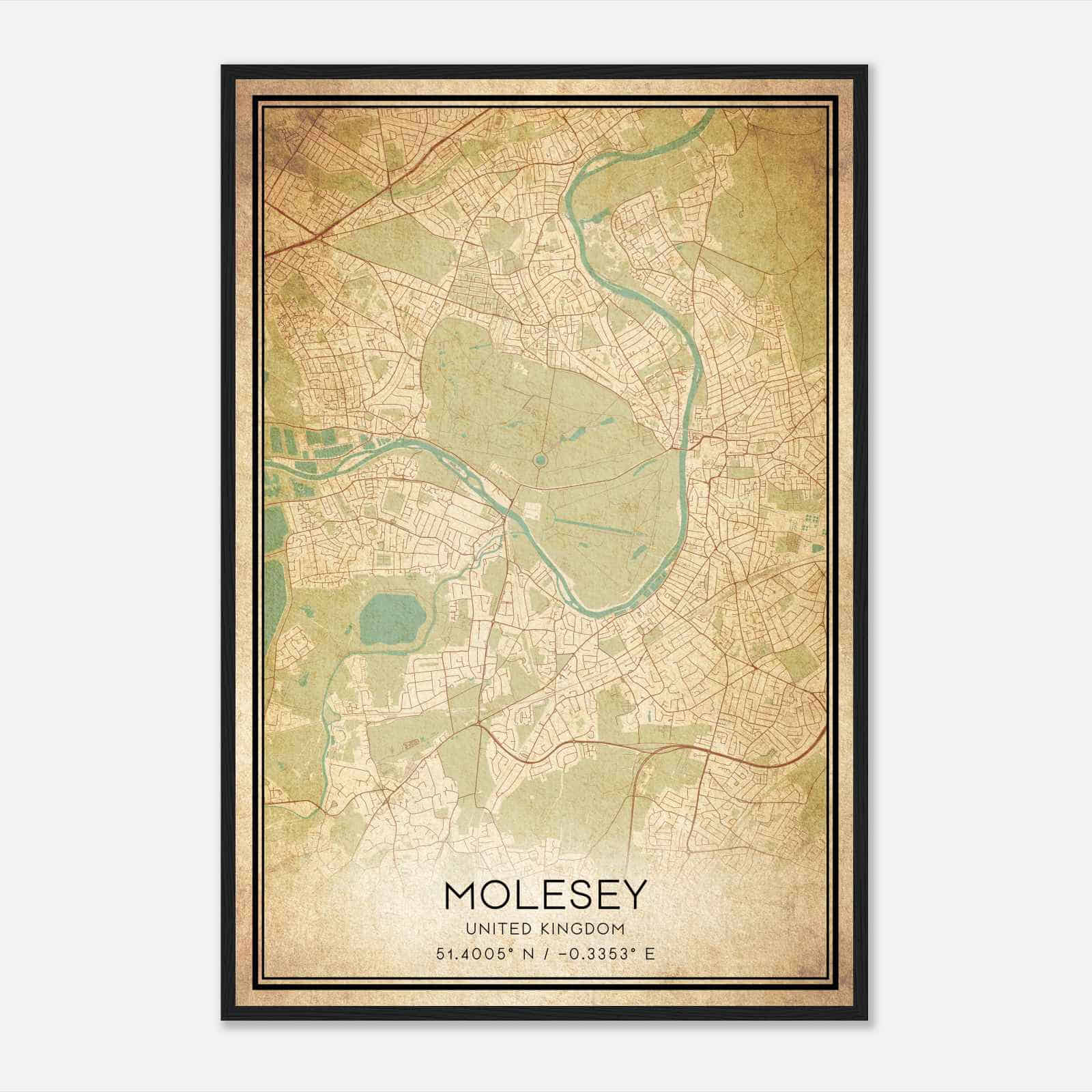 Vintage Molesey United Kingdom Map Poster, Molesey City Road Wall Art Print