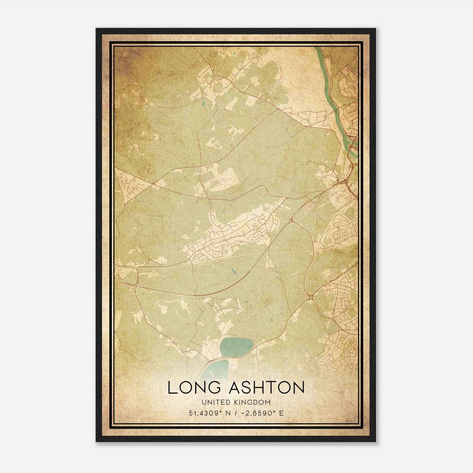 Vintage Long Ashton United Kingdom Map Poster, Long Ashton City Road Wall Art Print