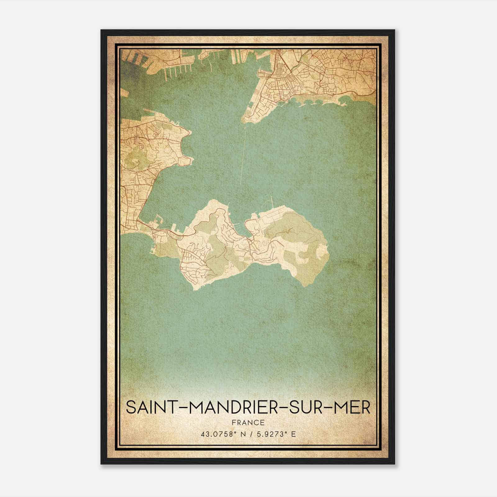 Vintage Saint-Mandrier-sur-Mer France Map Poster, Saint-Mandrier-sur-Mer City Road Wall Art Print