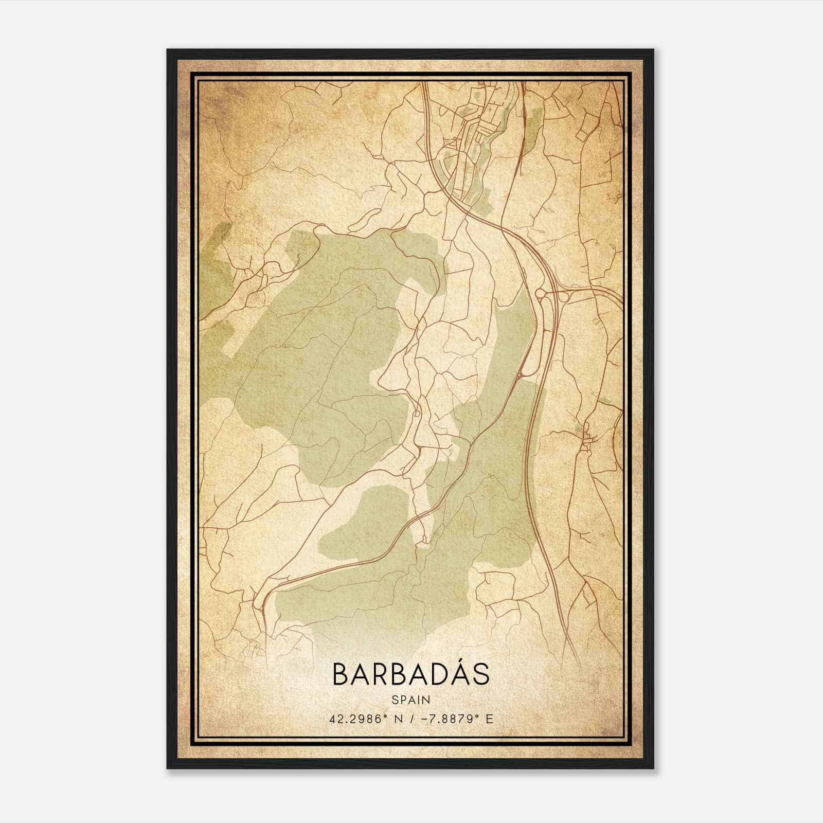 Vintage Barbadanes Spain Map Poster, Barbadanes City Road Wall Art Print