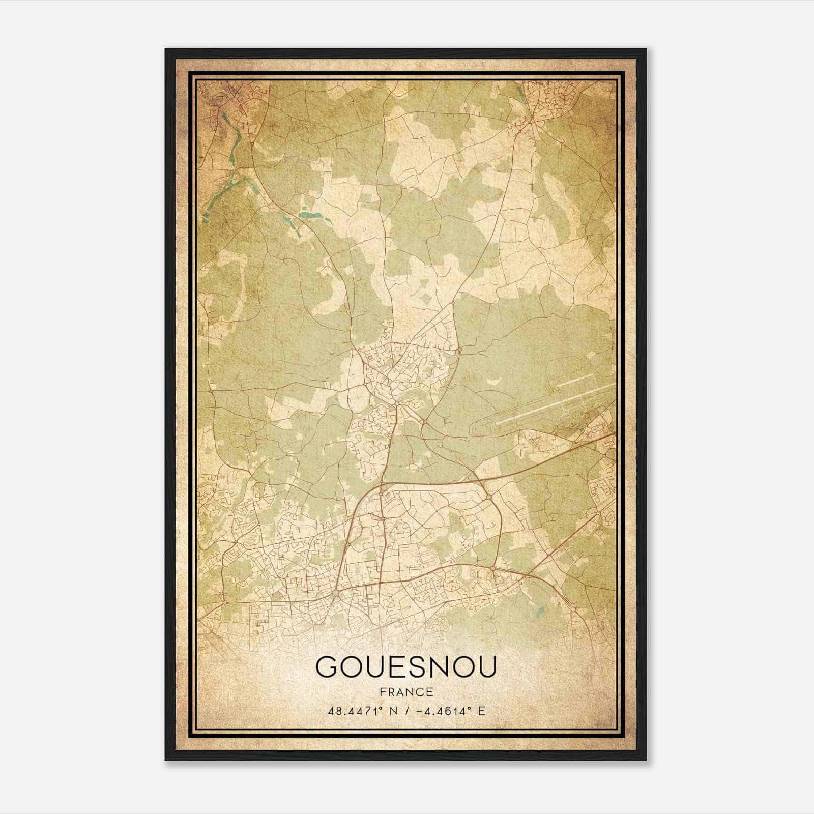 Vintage Gouesnou France Map Poster, Gouesnou City Road Wall Art Print