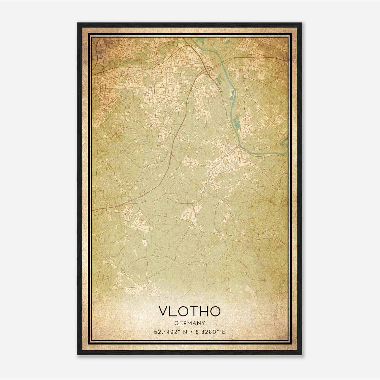 Vintage Vlotho Germany Map Poster, Vlotho City Road Wall Art Print