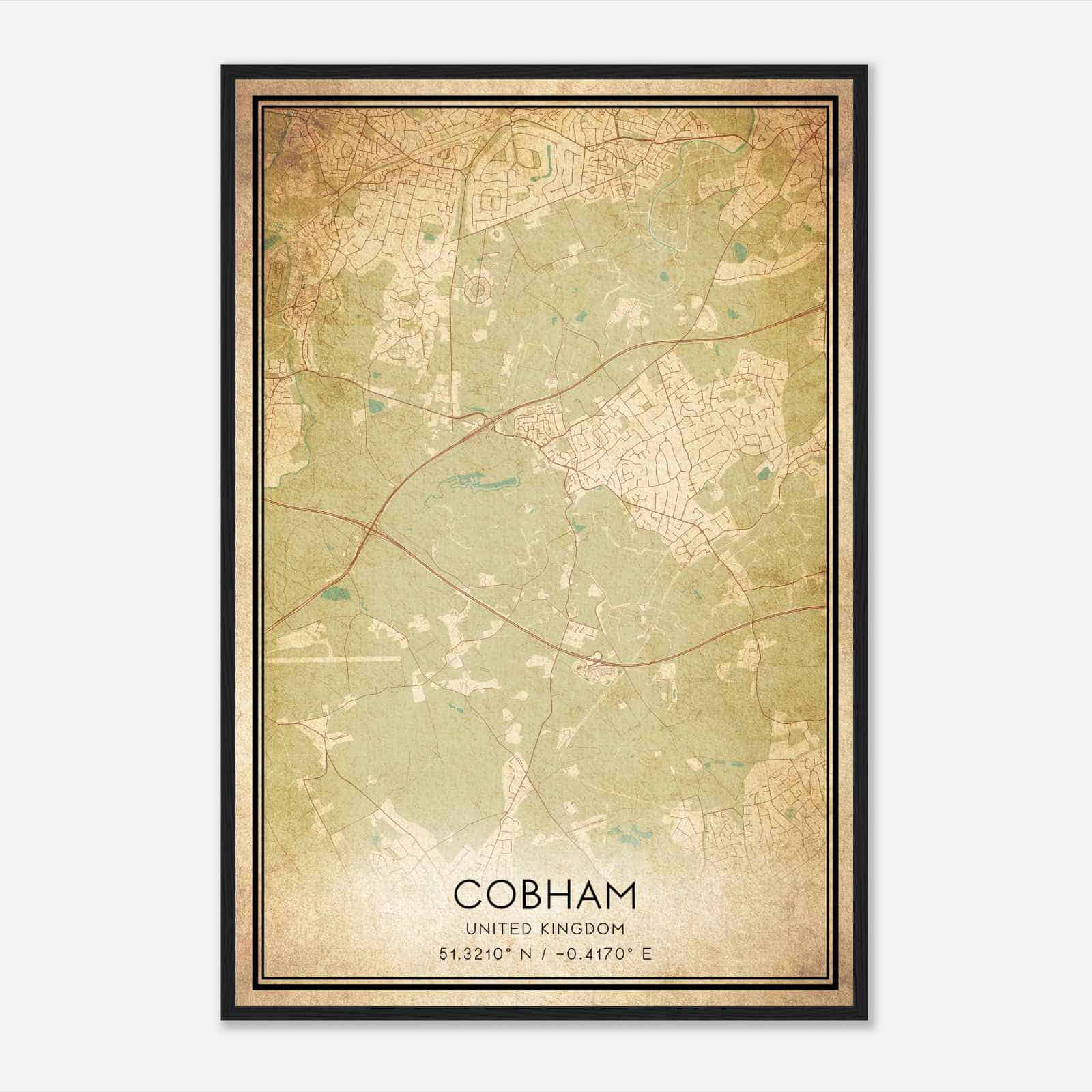 Vintage Cobham United Kingdom Map Poster, Cobham City Road Wall Art Print