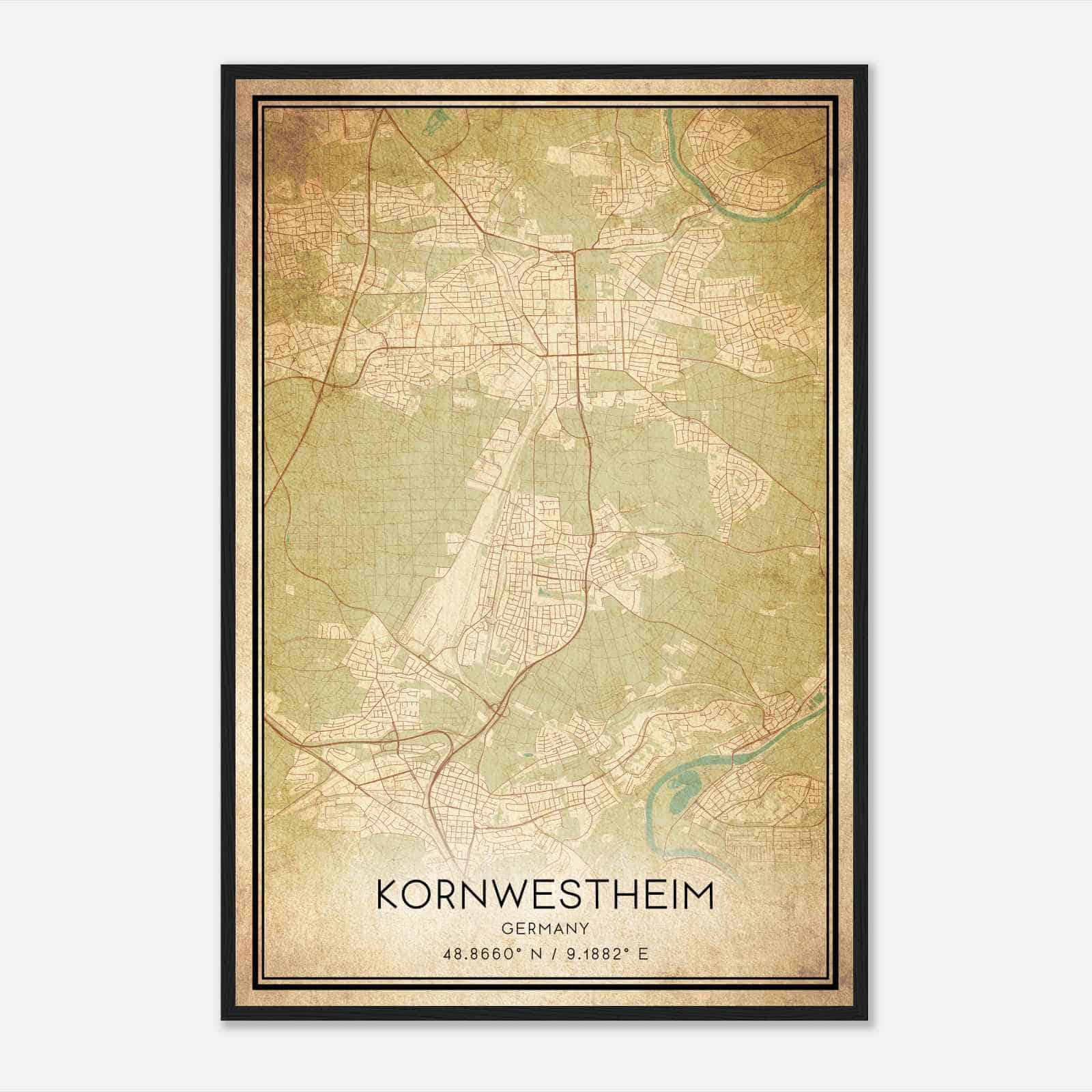 Vintage Kornwestheim Germany Map Poster, Kornwestheim City Road Wall Art Print