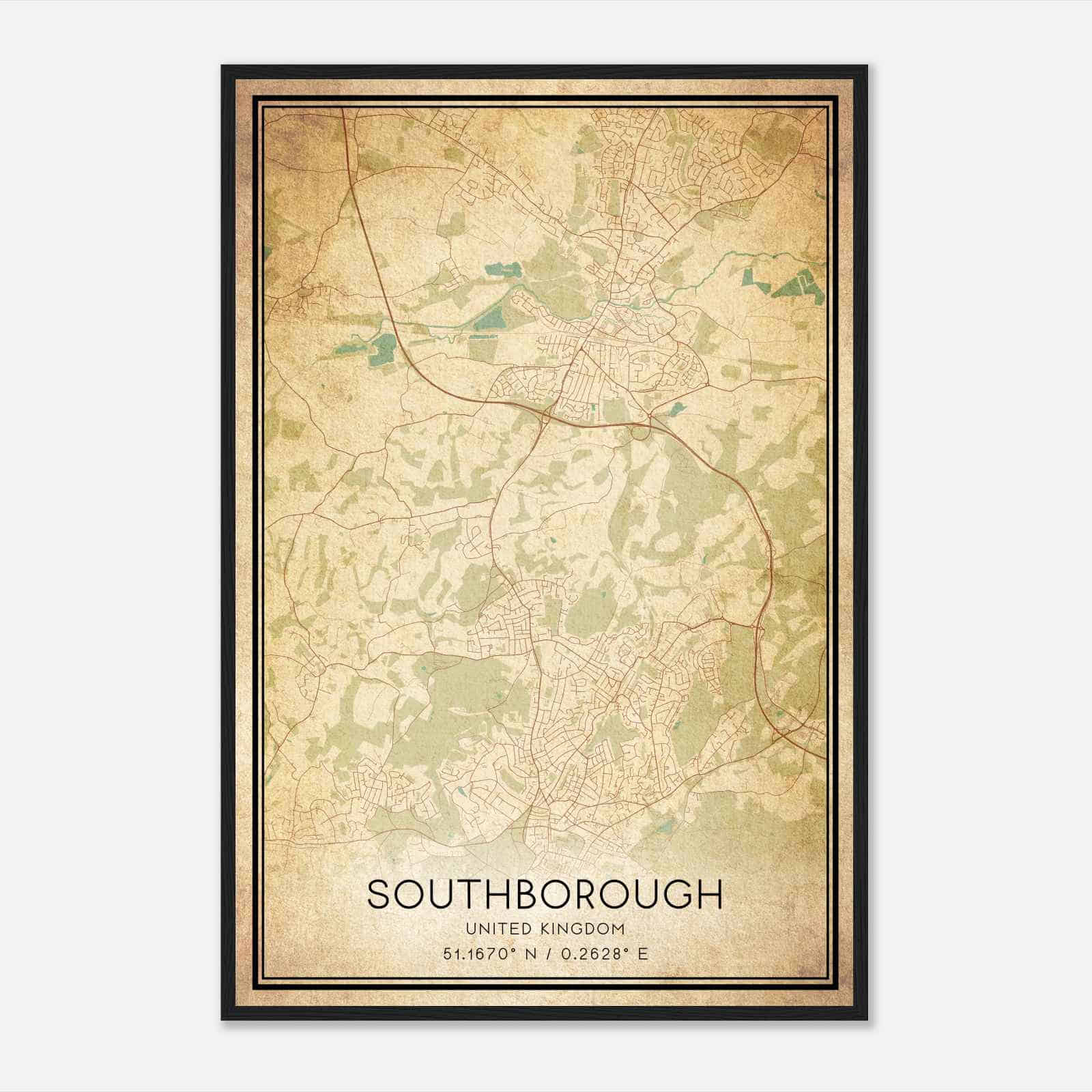 Vintage Southborough United Kingdom Map Poster, Southborough City Road Wall Art Print