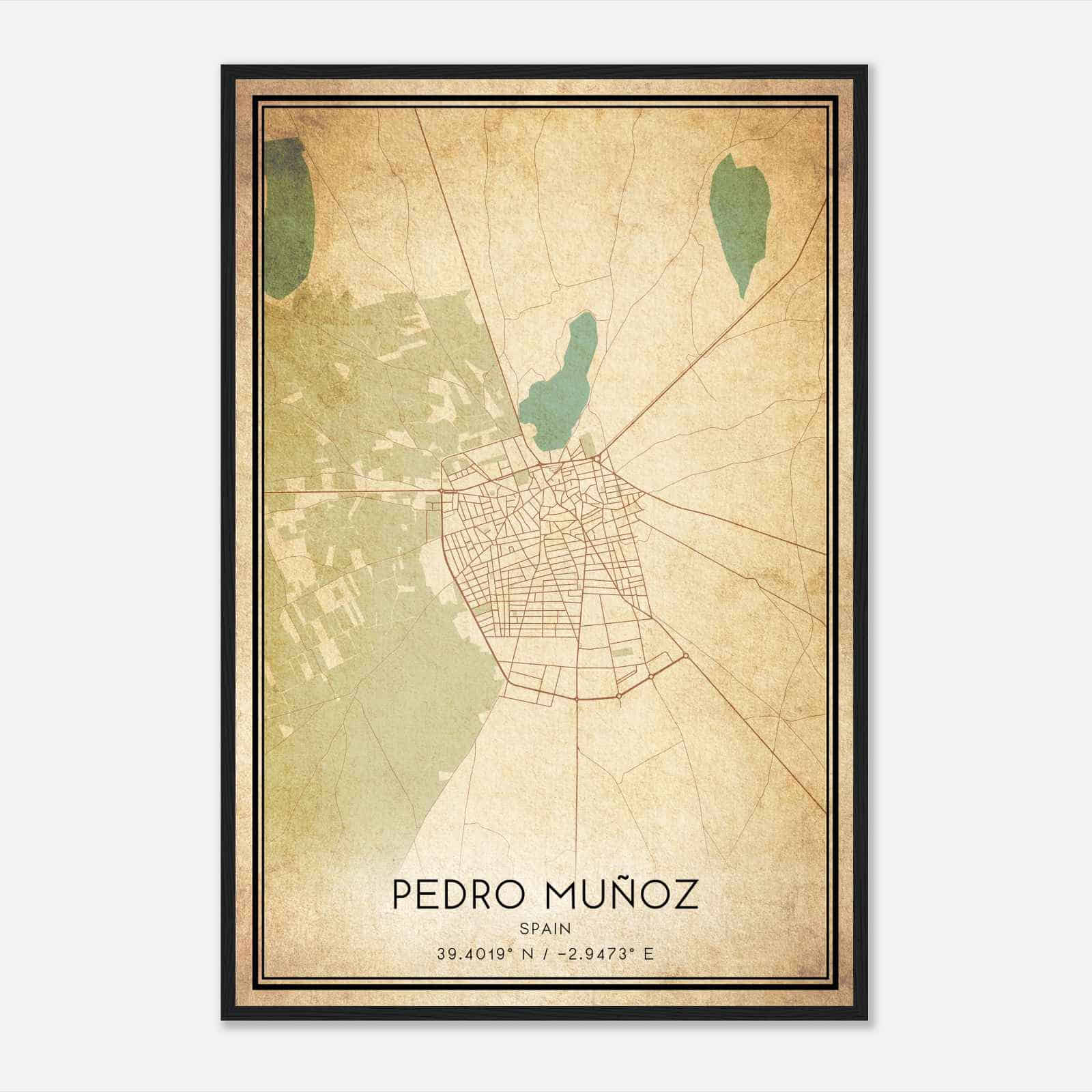 Vintage Pedro Munoz Spain Map Poster, Pedro Munoz City Road Wall Art Print