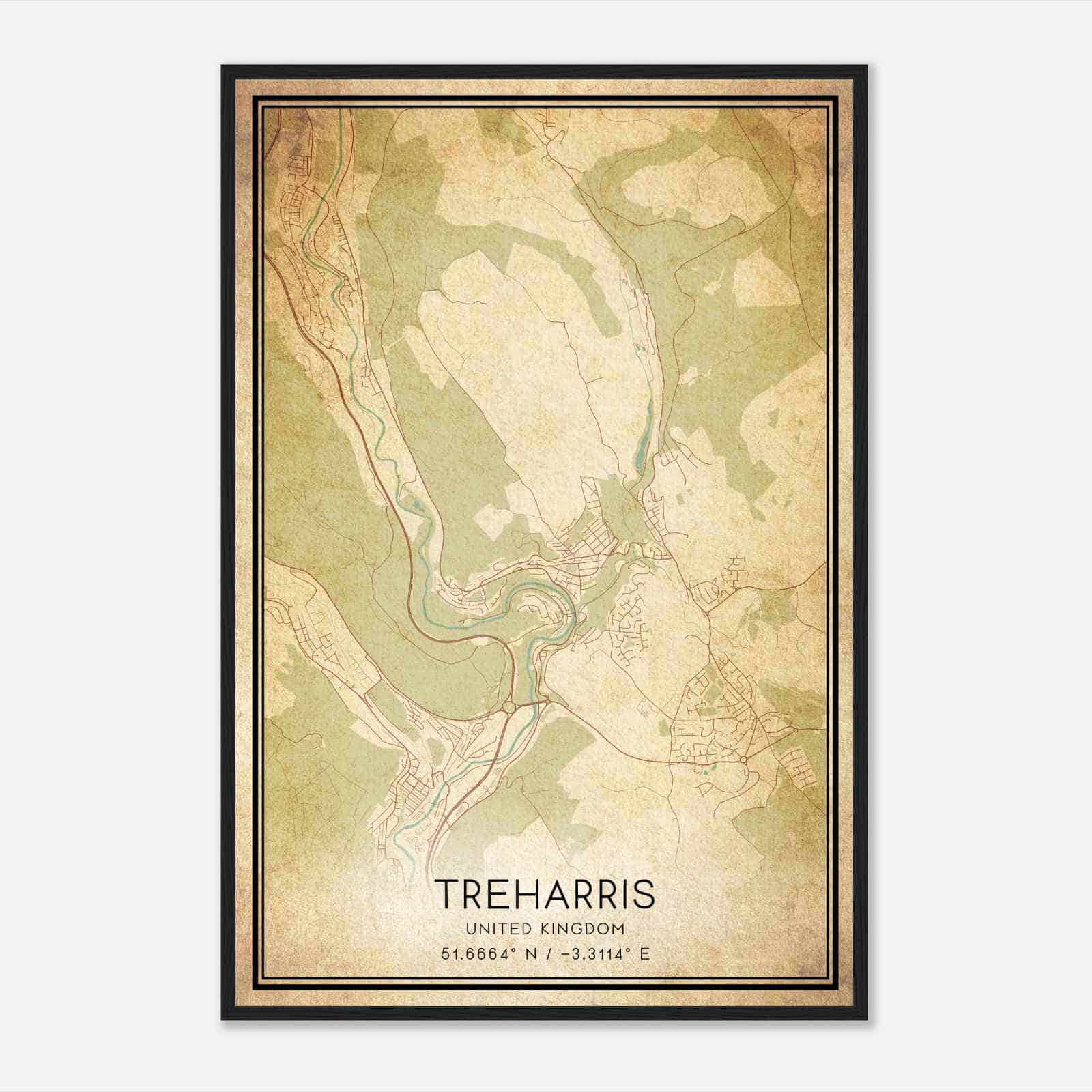 Vintage Treharris United Kingdom Map Poster, Treharris City Road Wall Art Print