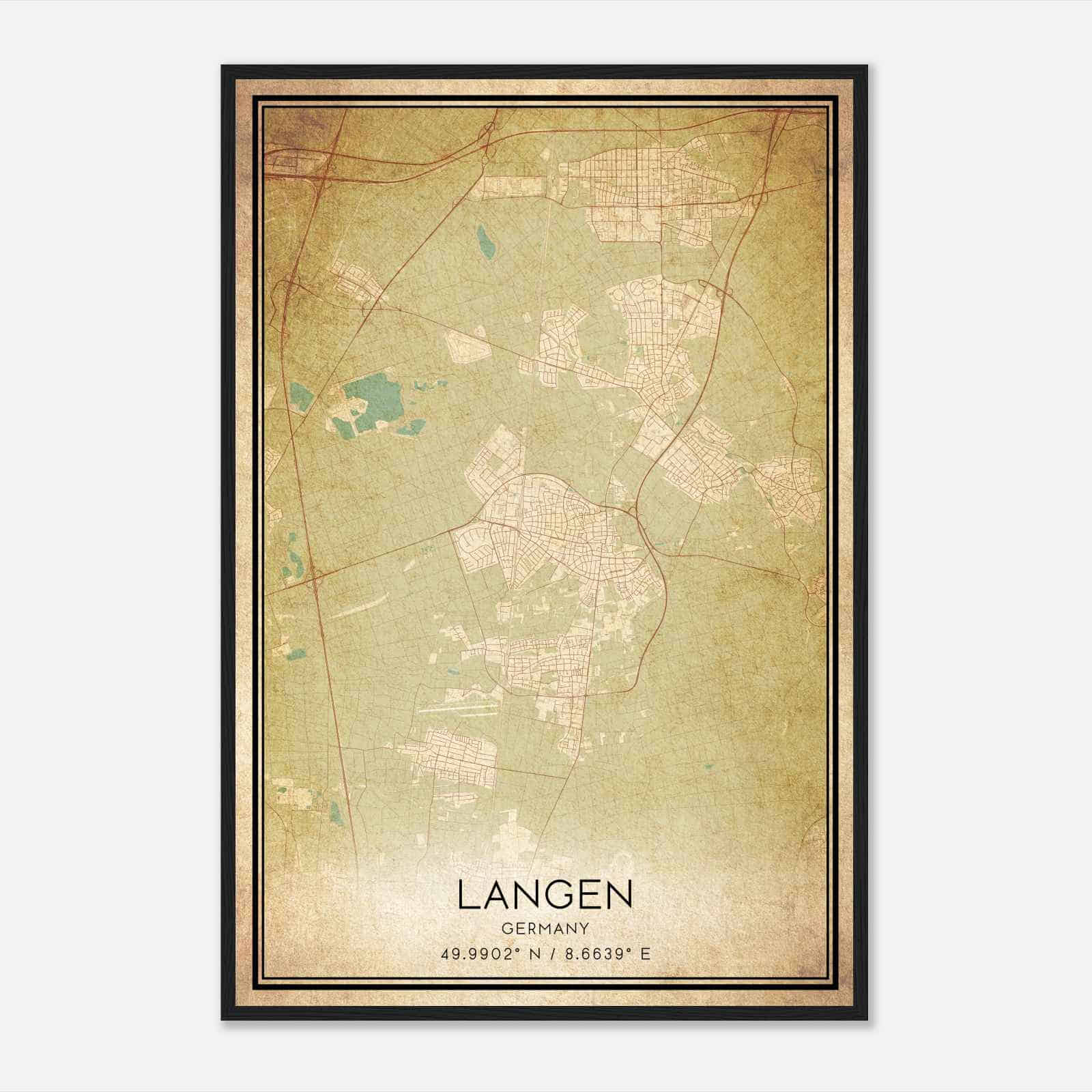 Vintage Langen Germany Map Poster, Langen City Road Wall Art Print