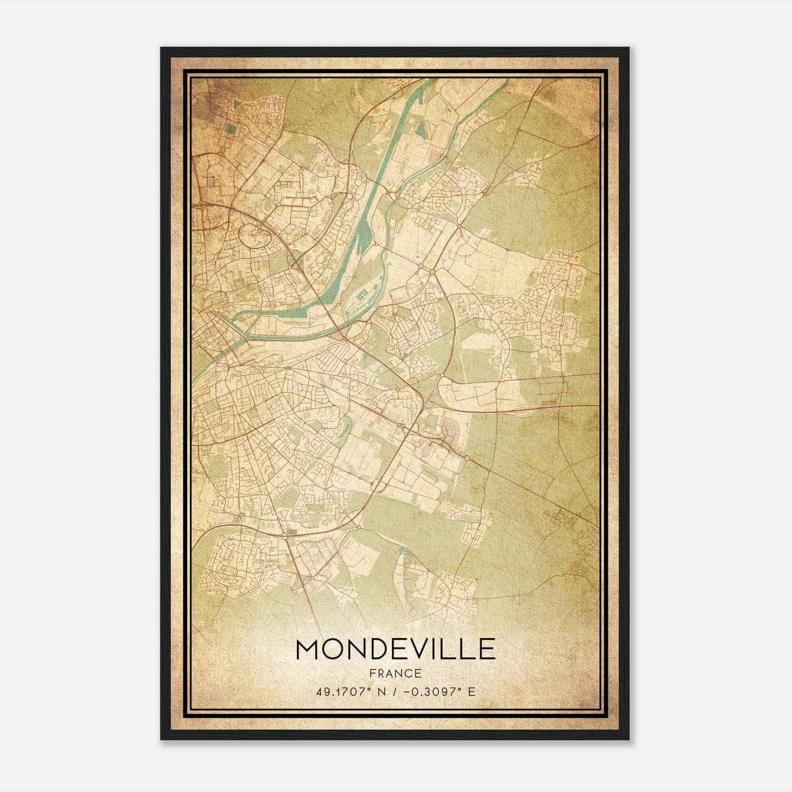 Vintage Mondeville France Map Poster, Mondeville City Road Wall Art Print