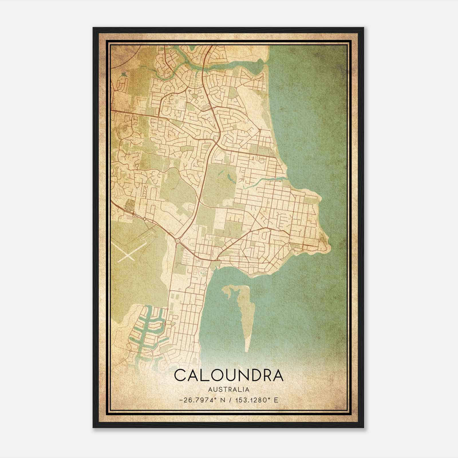 Vintage Caloundra Australia Map Poster, Caloundra City Road Wall Art Print Vintage Caloundra Australia Map Poster, Caloundra City Road Wall Art Print