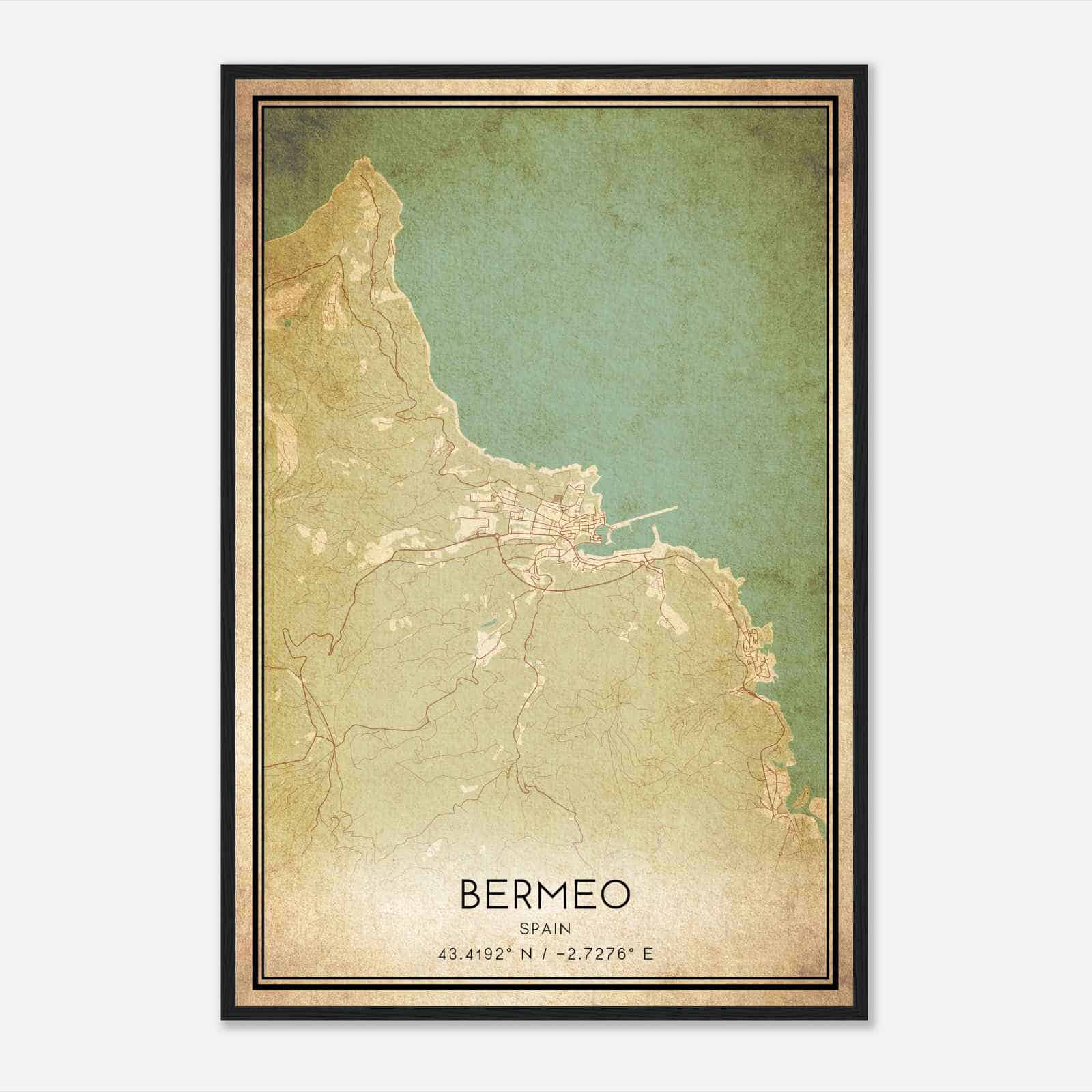 Vintage Bermeo Spain Map Poster, Bermeo City Road Wall Art Print