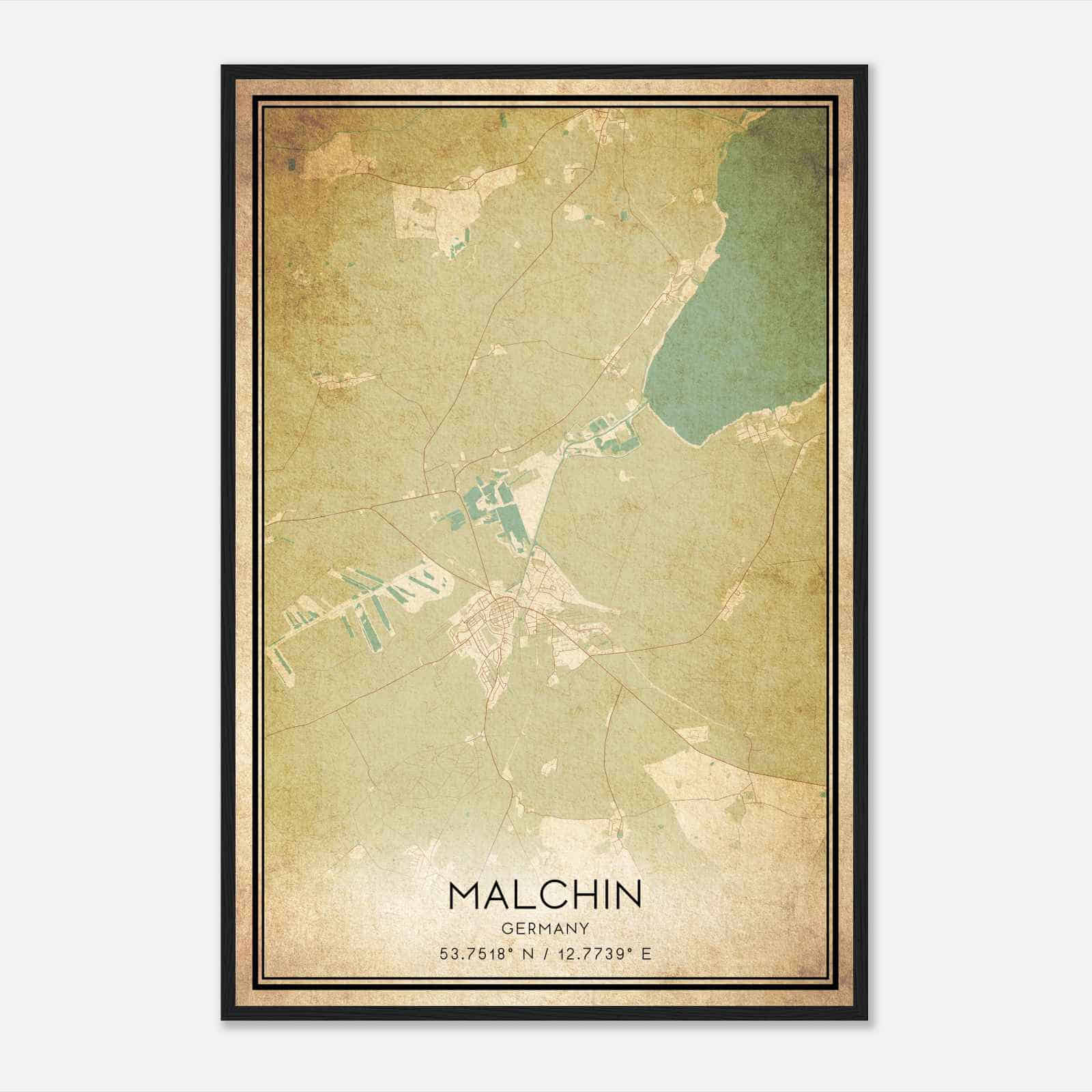 Vintage Malchin Germany Map Poster, Malchin City Road Wall Art Print