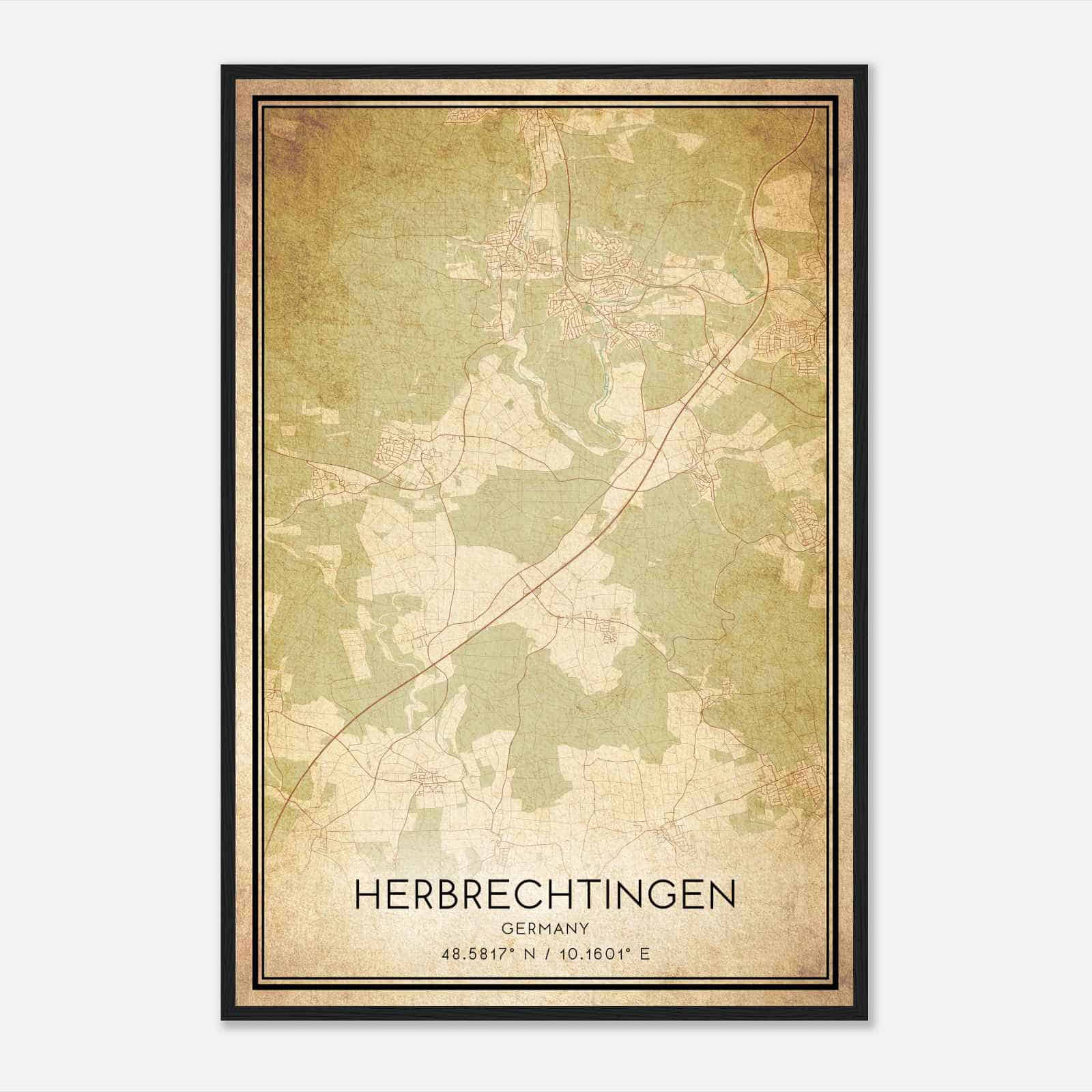 Vintage Herbrechtingen Germany Map Poster, Herbrechtingen City Road Wall Art Print