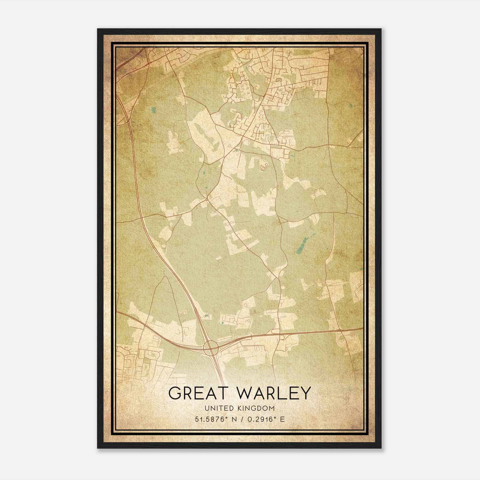 Vintage Great Warley Street United Kingdom Map Poster, Great Warley Street City Road Wall Art Print