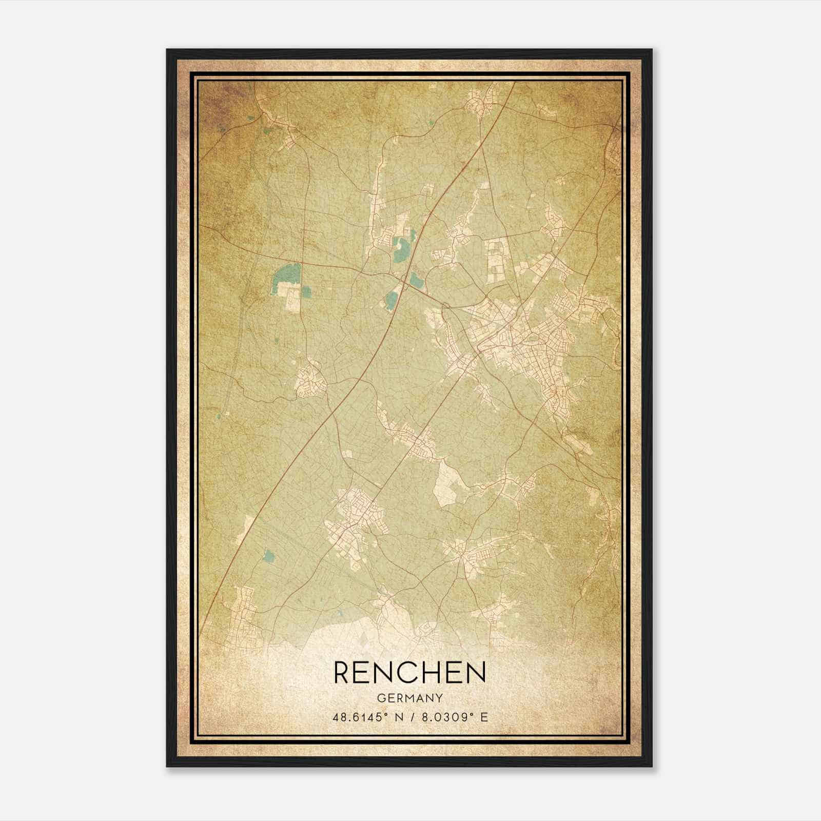 Vintage Renchen Germany Map Poster, Renchen City Road Wall Art Print