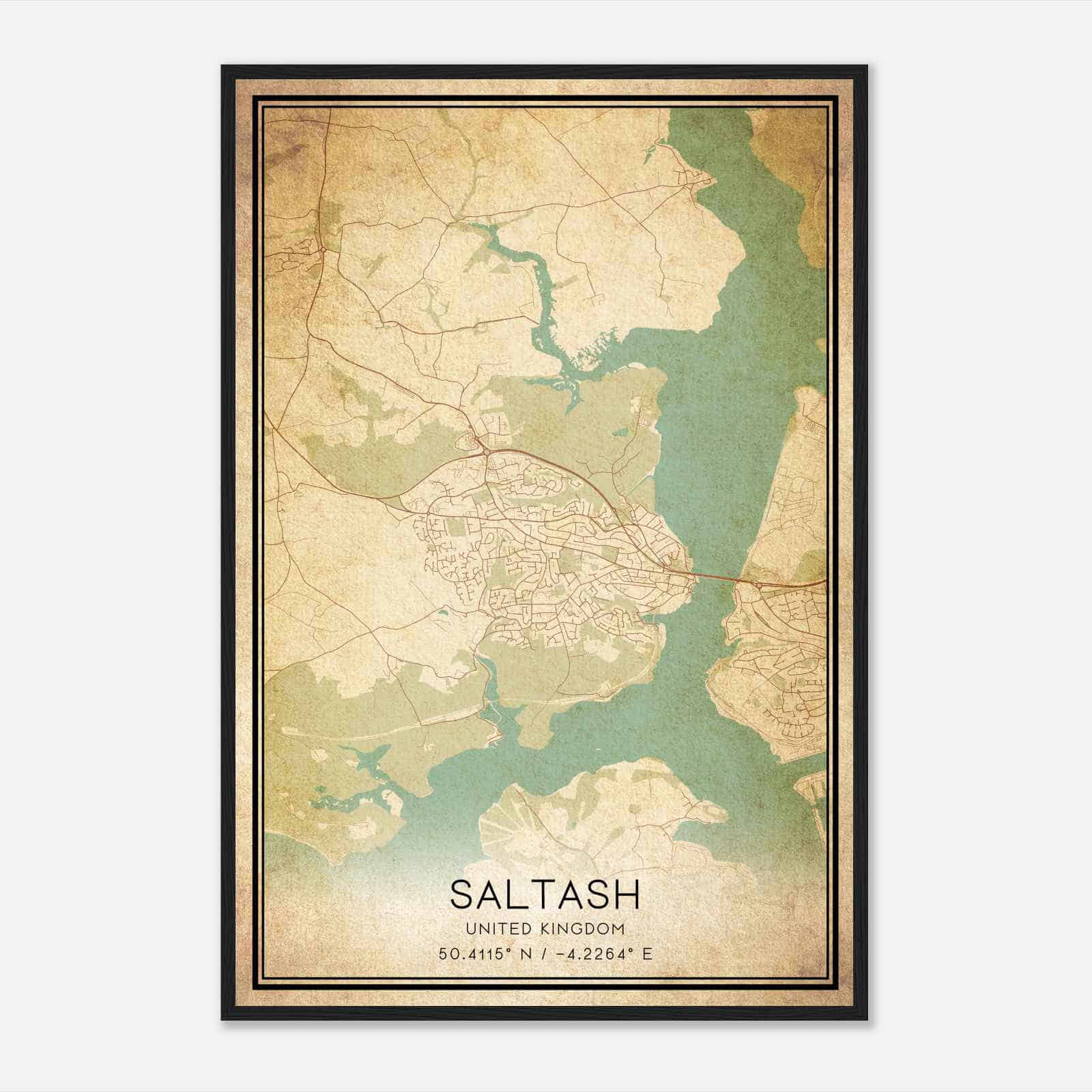 Vintage Saltash United Kingdom Map Poster, Saltash City Road Wall Art Print