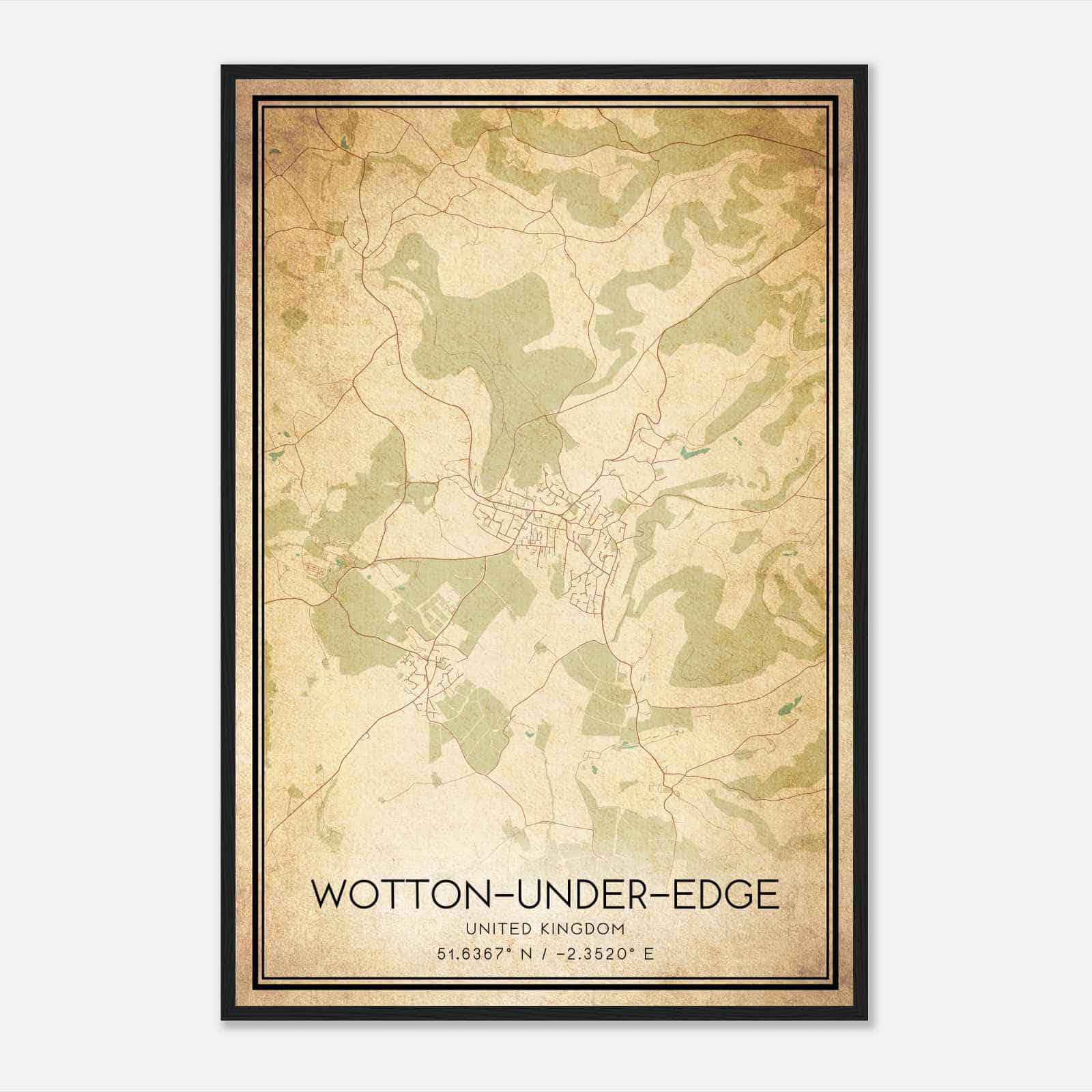 Vintage Wotton-under-Edge United Kingdom Map Poster, Wotton-under-Edge City Road Wall Art Print