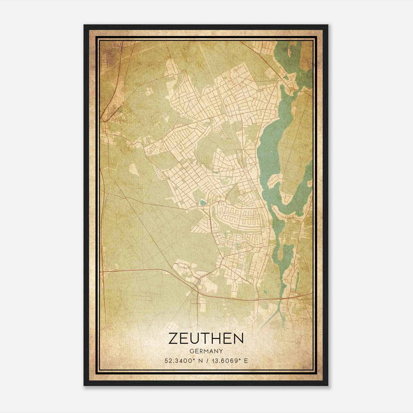 Vintage Zeuthen Germany Map Poster, Zeuthen City Road Wall Art Print