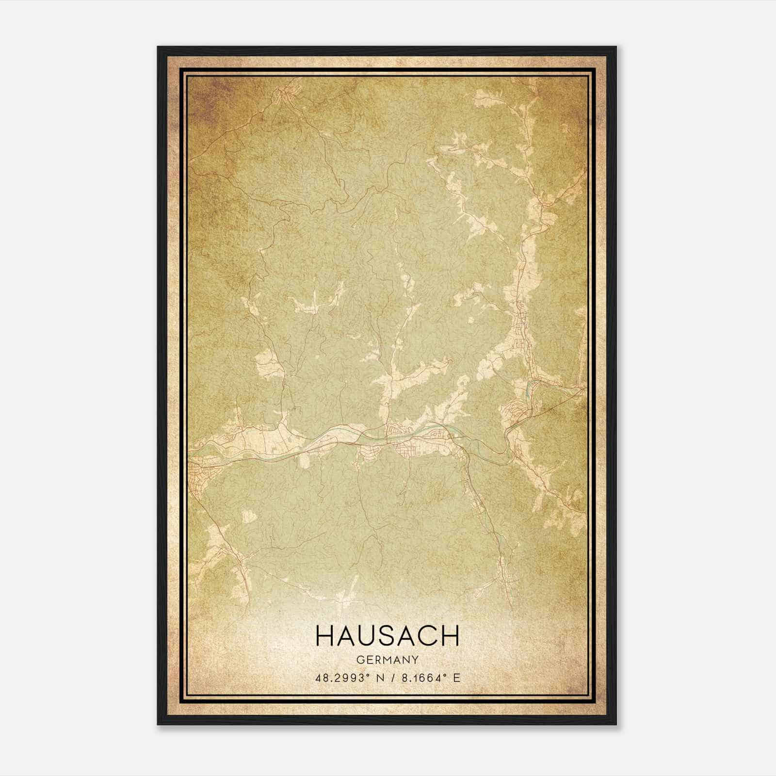 Vintage Hausach Germany Map Poster, Hausach City Road Wall Art Print