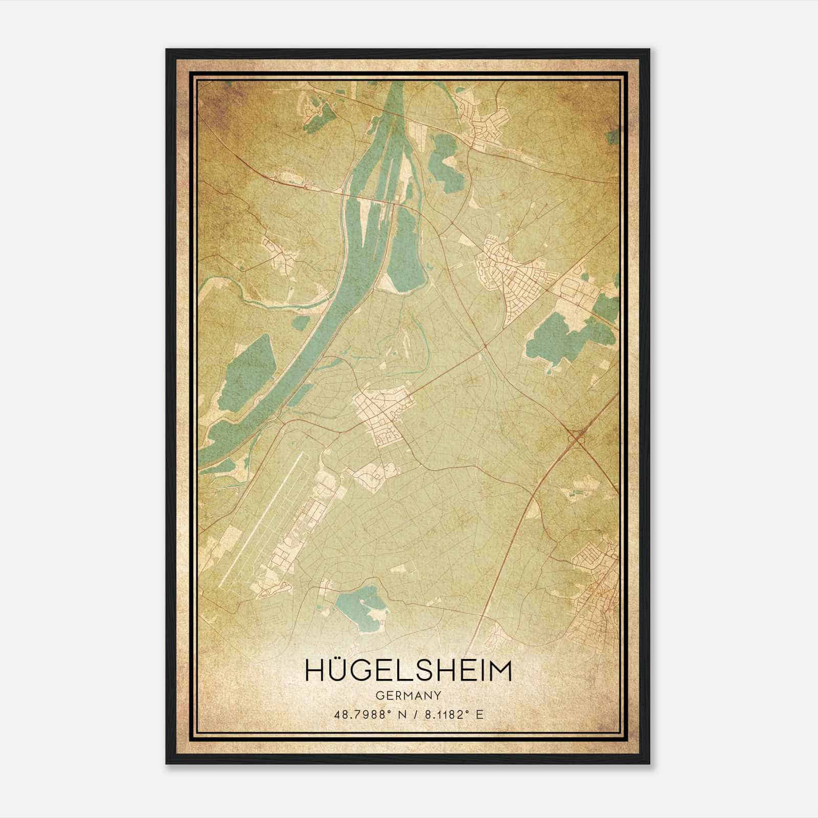 Vintage Hugelsheim Germany Map Poster, Hugelsheim City Road Wall Art Print