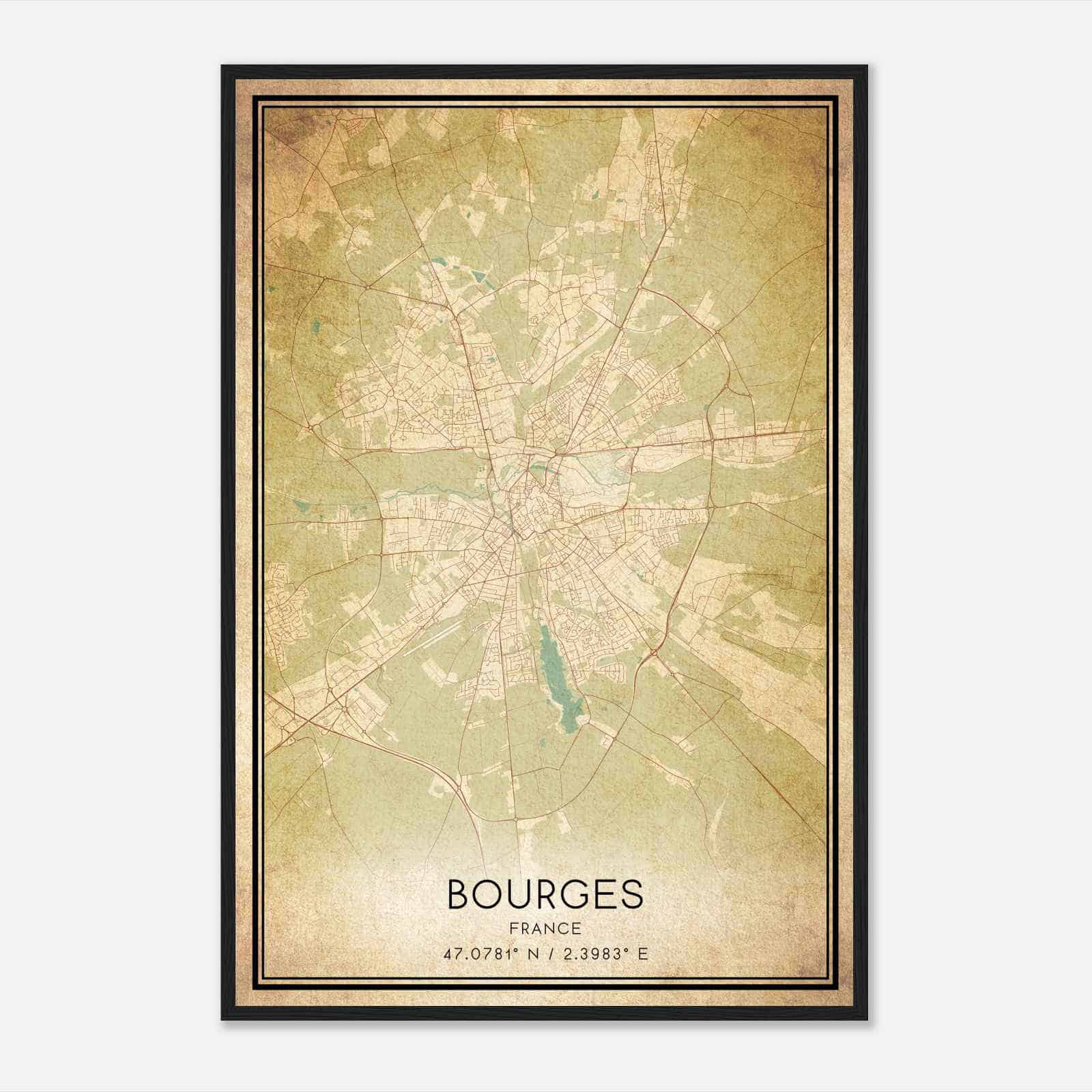 Vintage Bourges France Map Poster, Bourges City Road Wall Art Print