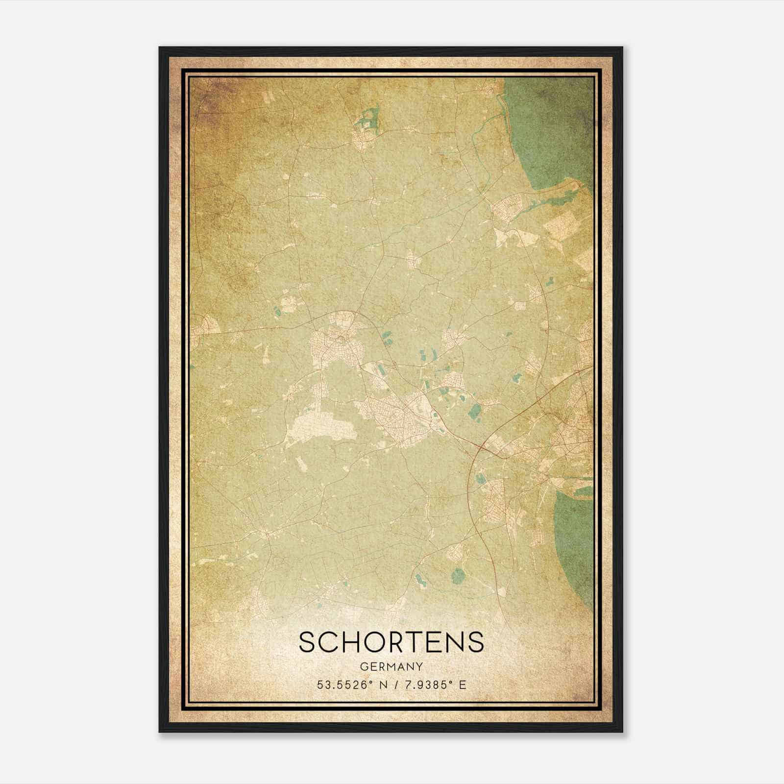 Vintage Schortens Germany Map Poster, Schortens City Road Wall Art Print