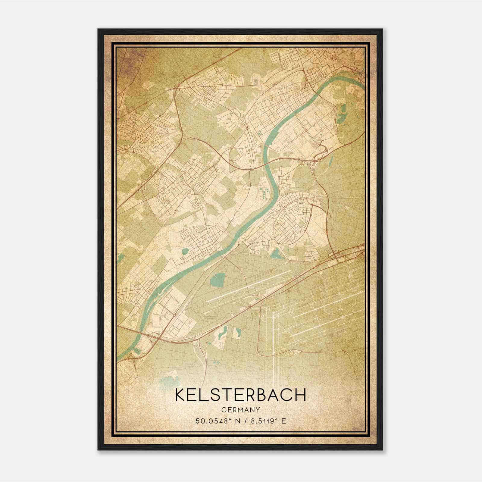 Vintage Kelsterbach Germany Map Poster, Kelsterbach City Road Wall Art Print