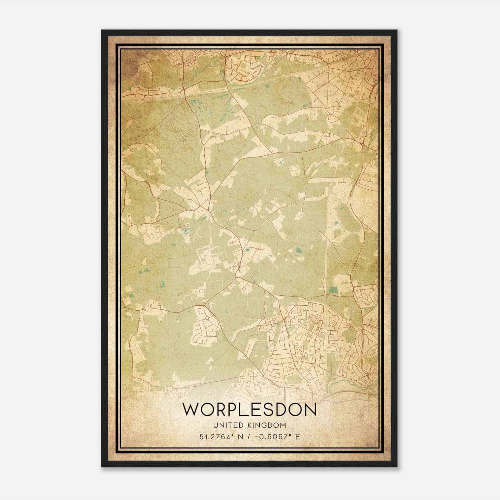 Vintage Worplesdon United Kingdom Map Poster, Worplesdon City Road Wall Art Print
