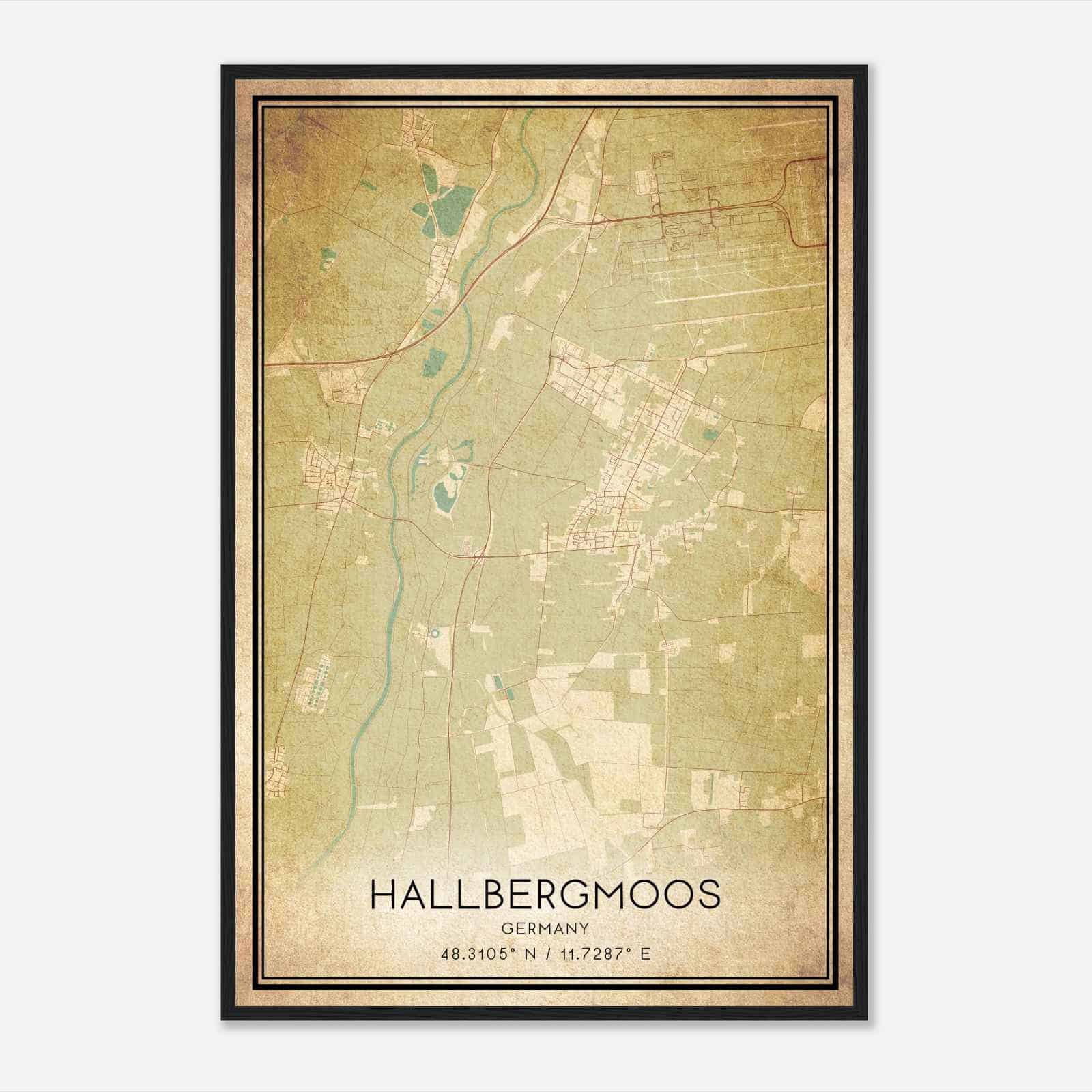 Vintage Hallbergmoos Germany Map Poster, Hallbergmoos City Road Wall Art Print