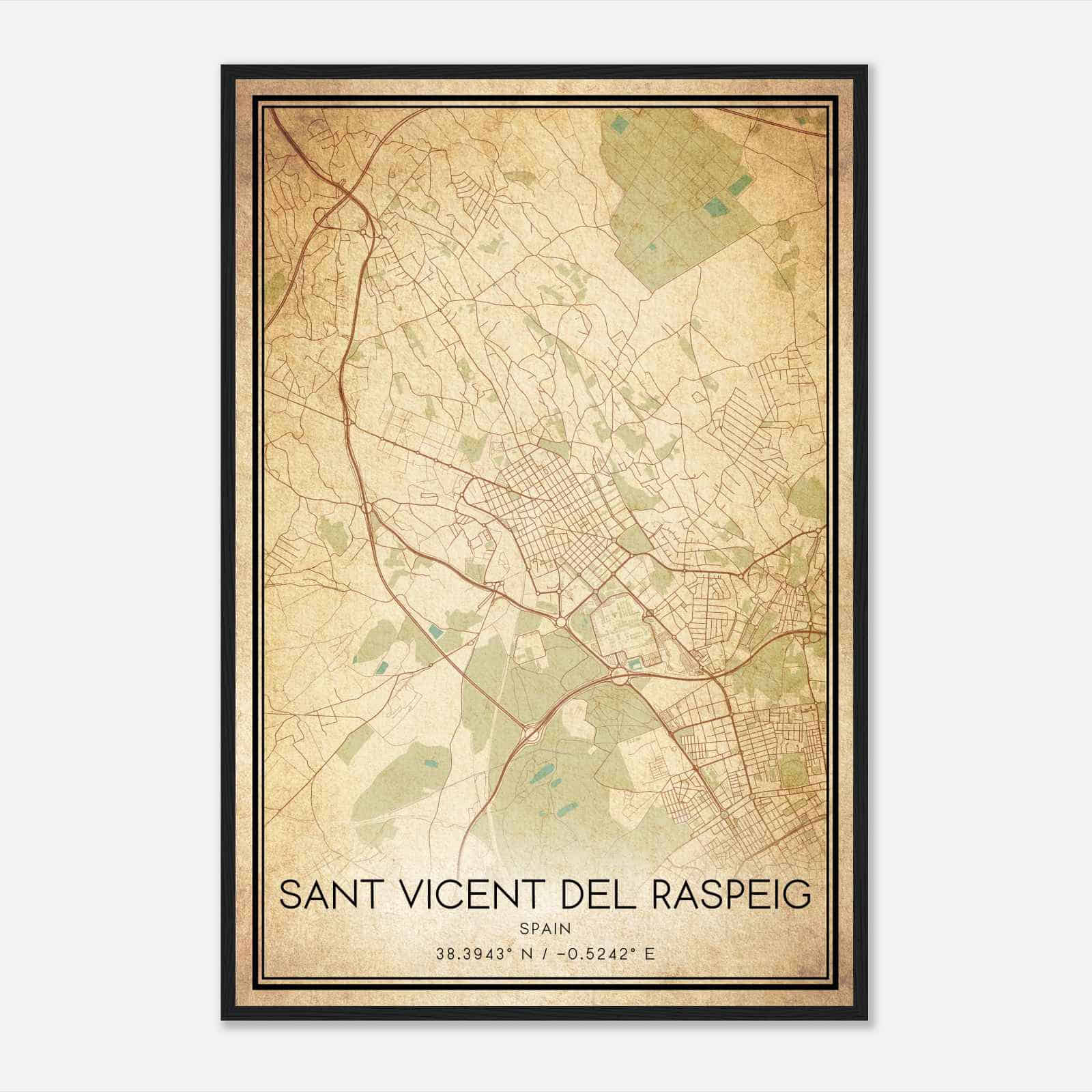 Vintage San Vicente del Raspeig Spain Map Poster, San Vicente del Raspeig City Road Wall Art Print