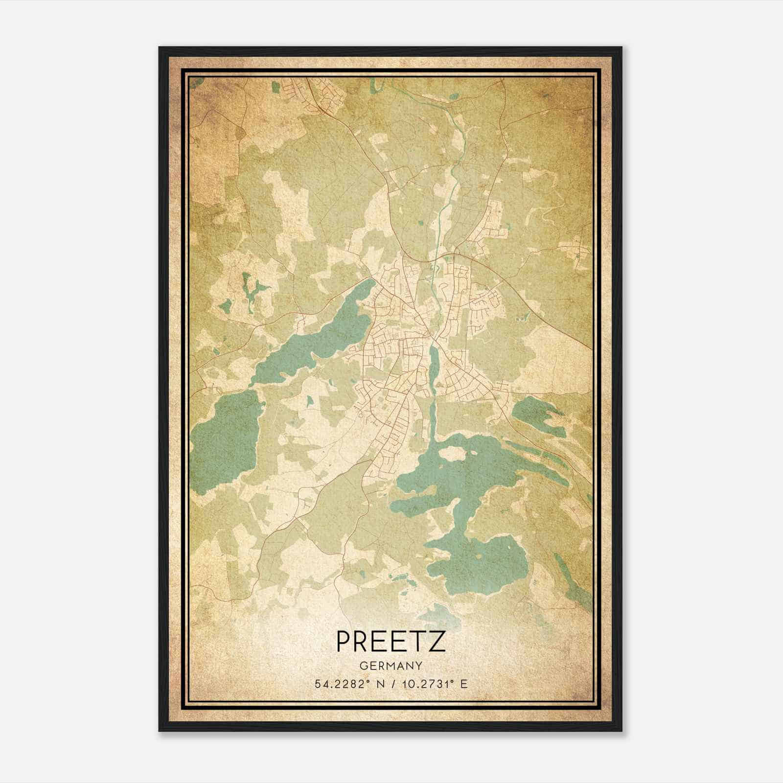 Vintage Preetz Germany Map Poster, Preetz City Road Wall Art Print