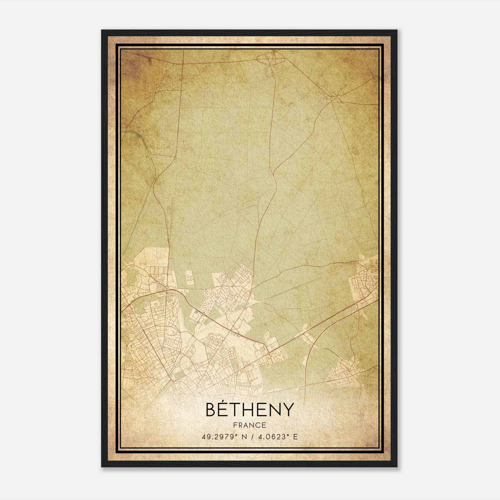 Vintage Betheny France Map Poster, Betheny City Road Wall Art Print