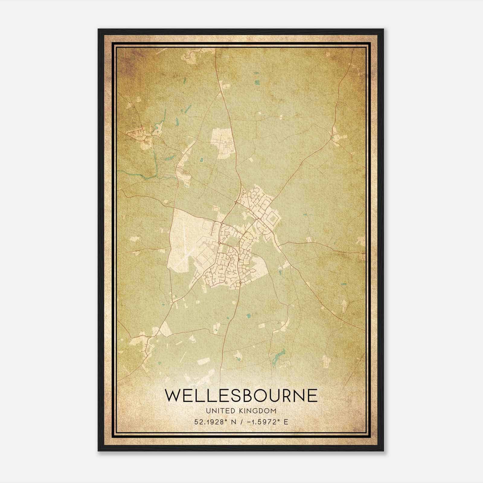 Vintage Wellesbourne Hastings United Kingdom Map Poster, Wellesbourne Hastings City Road Wall Art Print