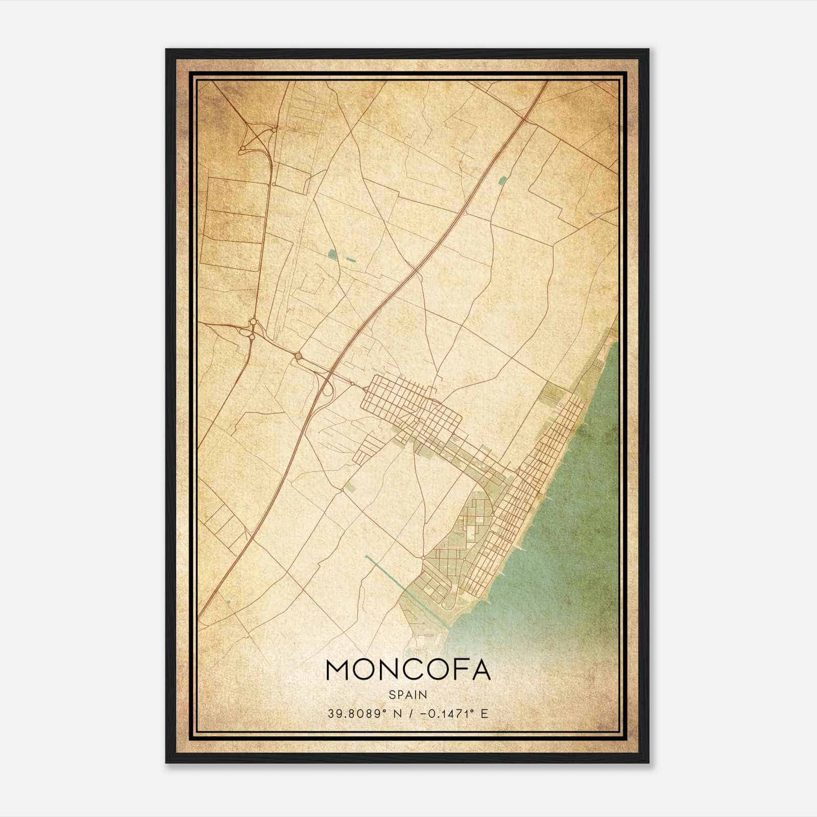 Vintage Moncofar Spain Map Poster, Moncofar City Road Wall Art Print
