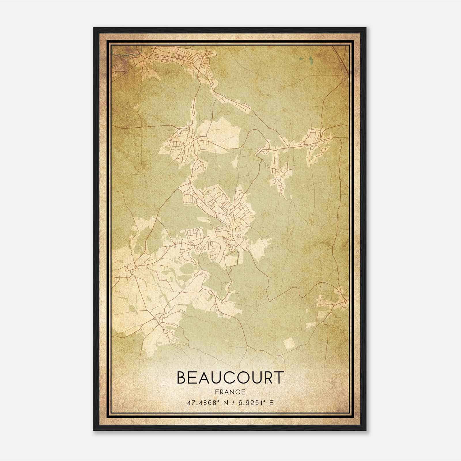 Vintage Beaucourt France Map Poster, Beaucourt City Road Wall Art Print