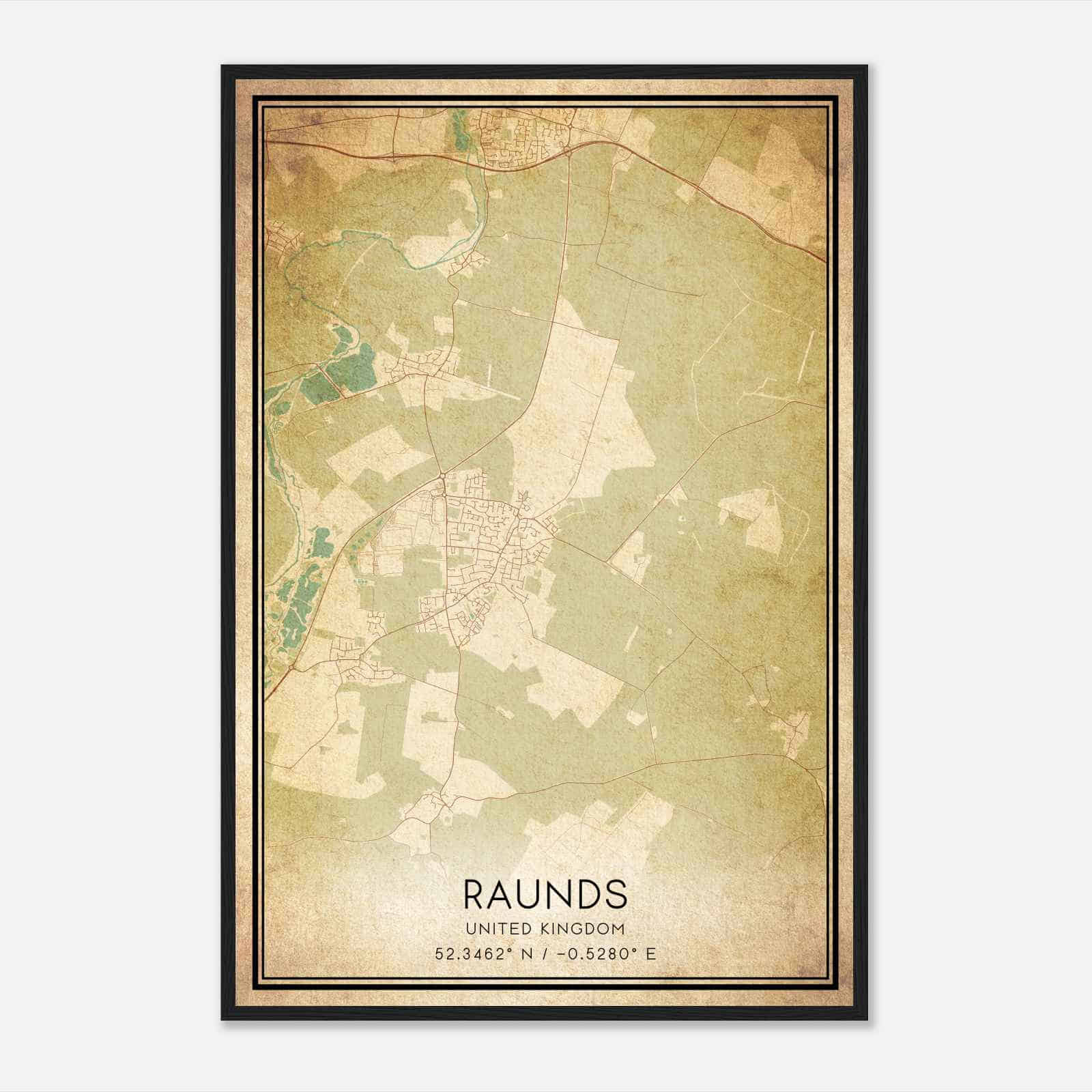 Vintage Raunds United Kingdom Map Poster, Raunds City Road Wall Art Print