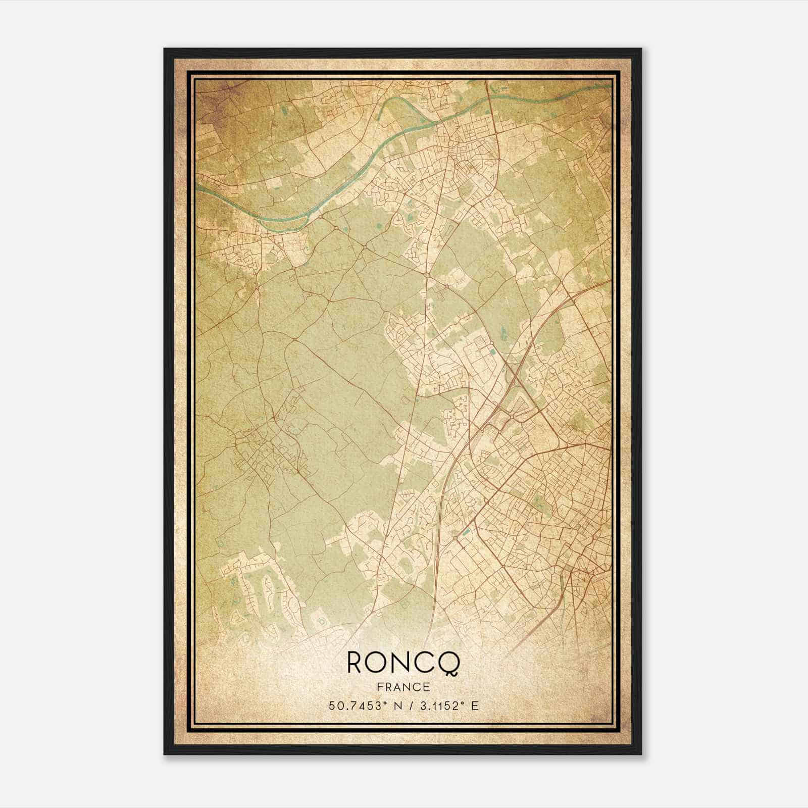 Vintage Roncq France Map Poster, Roncq City Road Wall Art Print