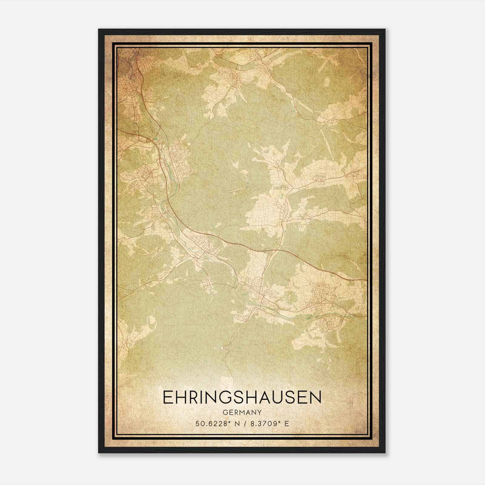 Vintage Ehringshausen Germany Map Poster, Ehringshausen City Road Wall Art Print