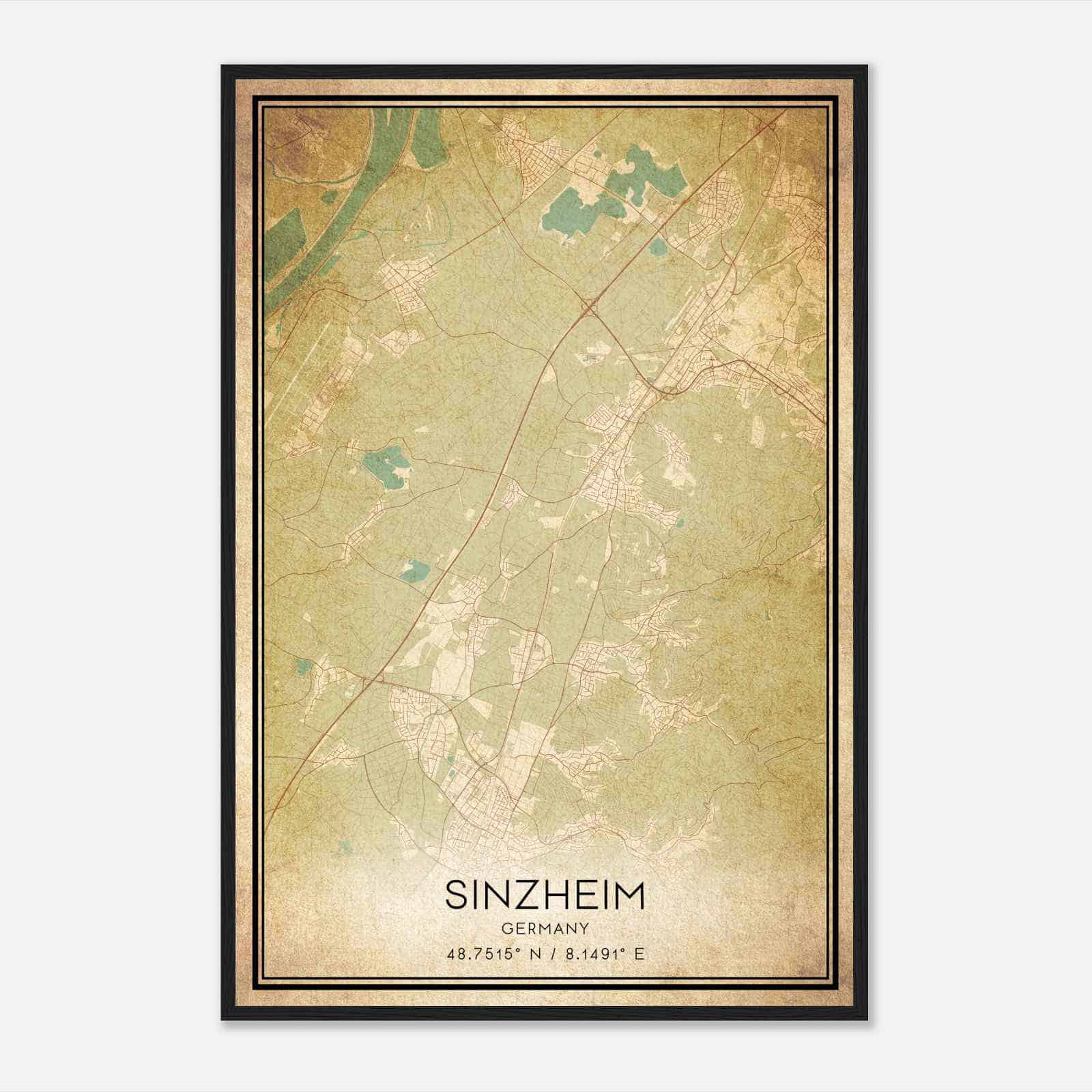 Vintage Sinzheim Germany Map Poster, Sinzheim City Road Wall Art Print
