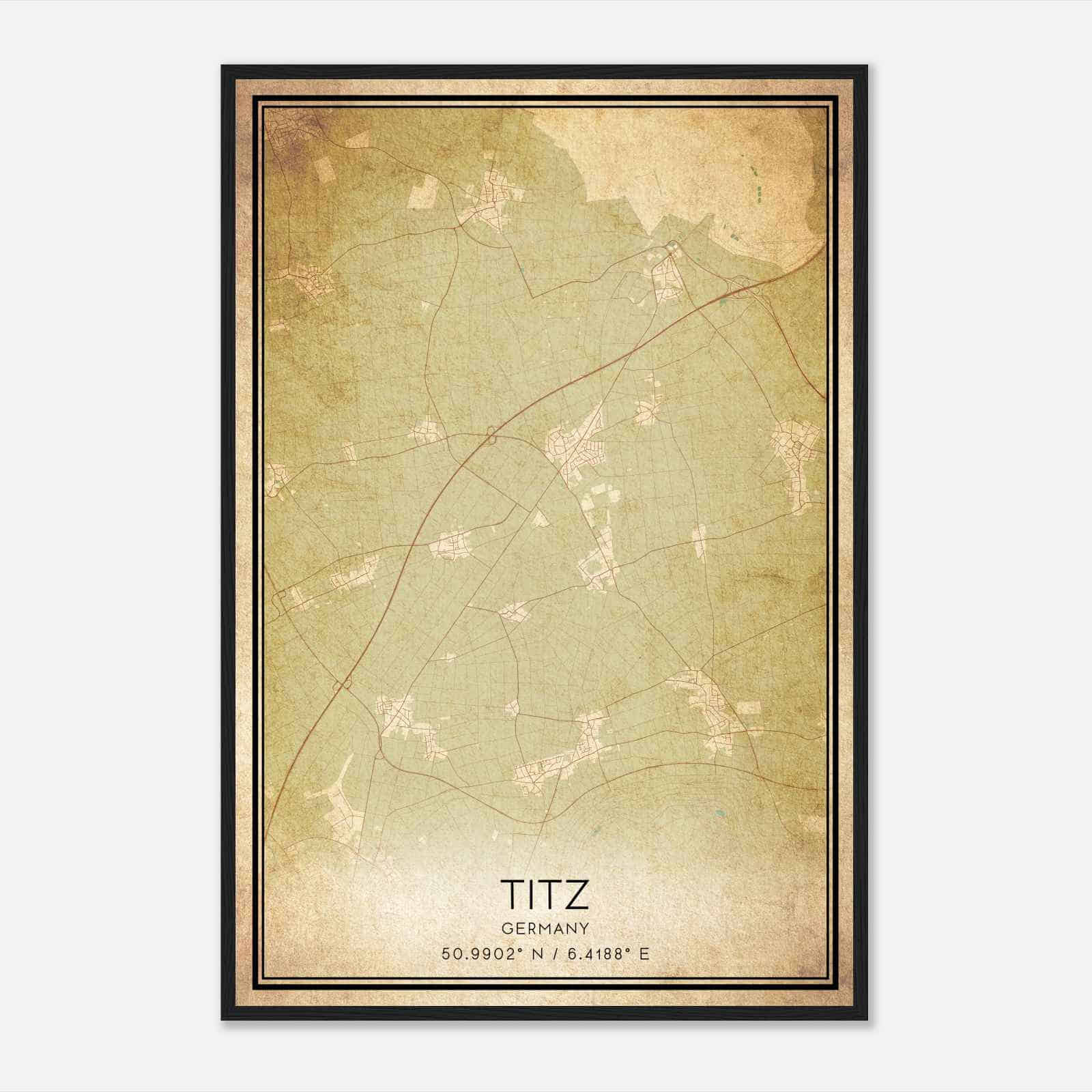 Vintage Titz Germany Map Poster, Titz City Road Wall Art Print