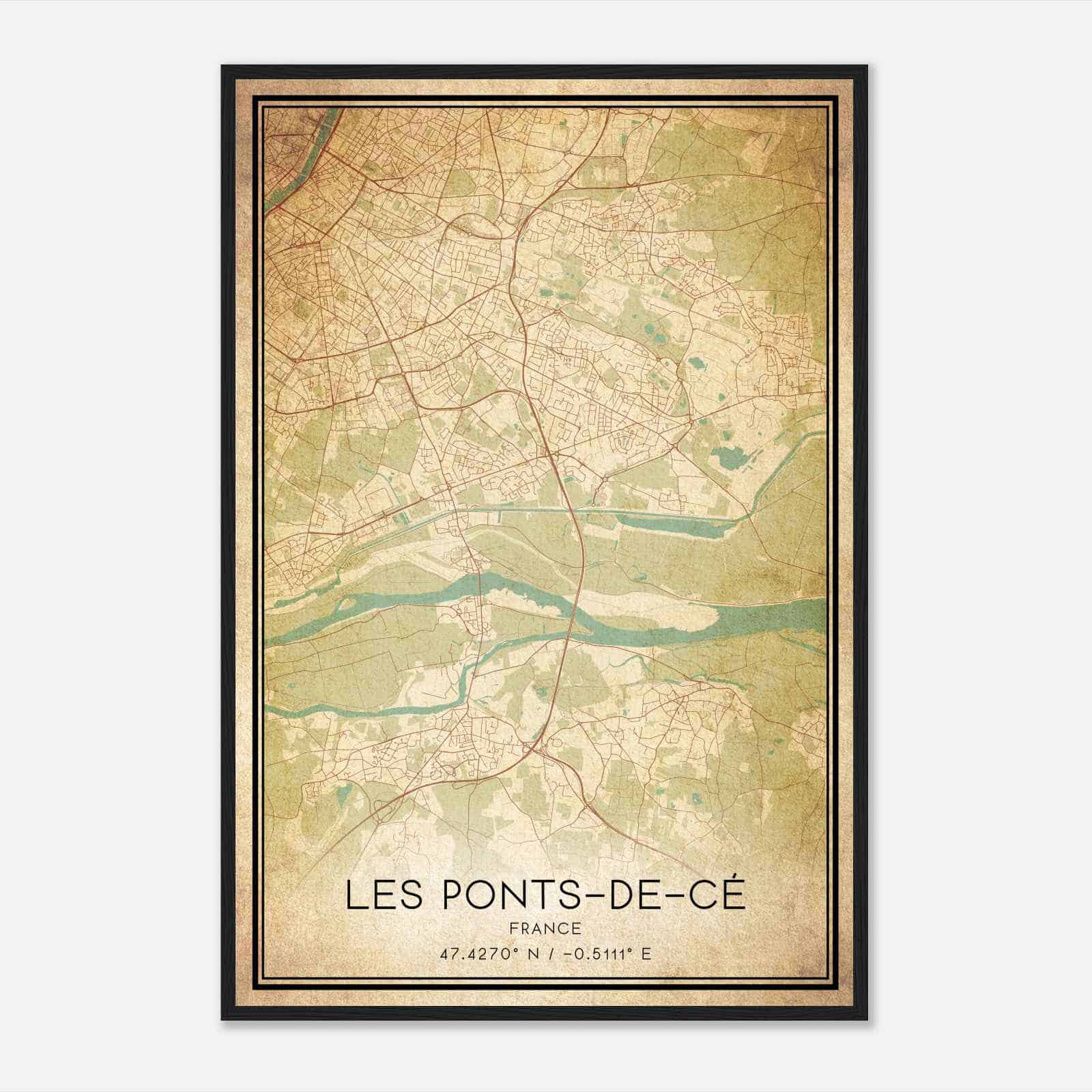 Vintage Les Ponts-de-Ce France Map Poster, Les Ponts-de-Ce City Road Wall Art Print