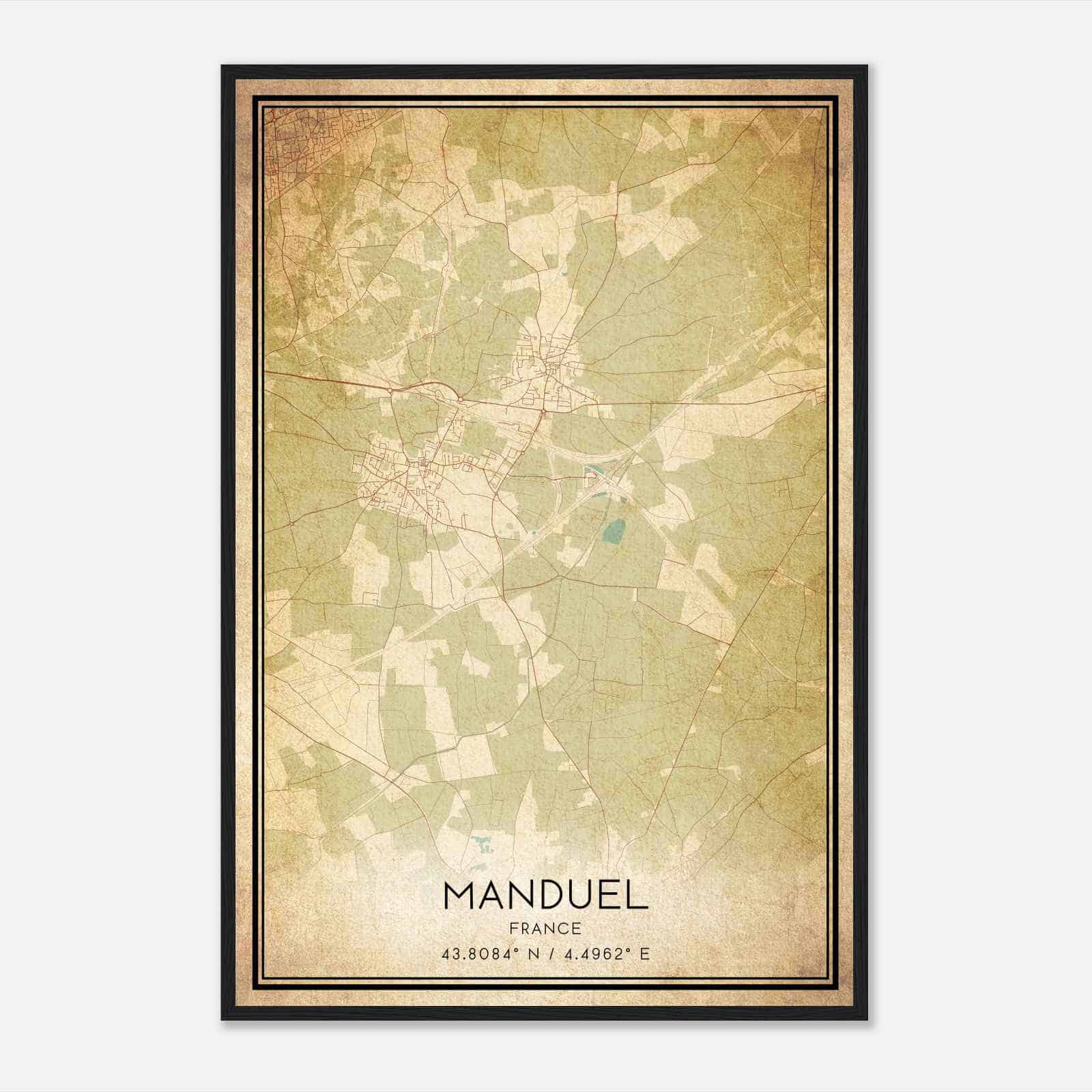 Vintage Manduel France Map Poster, Manduel City Road Wall Art Print