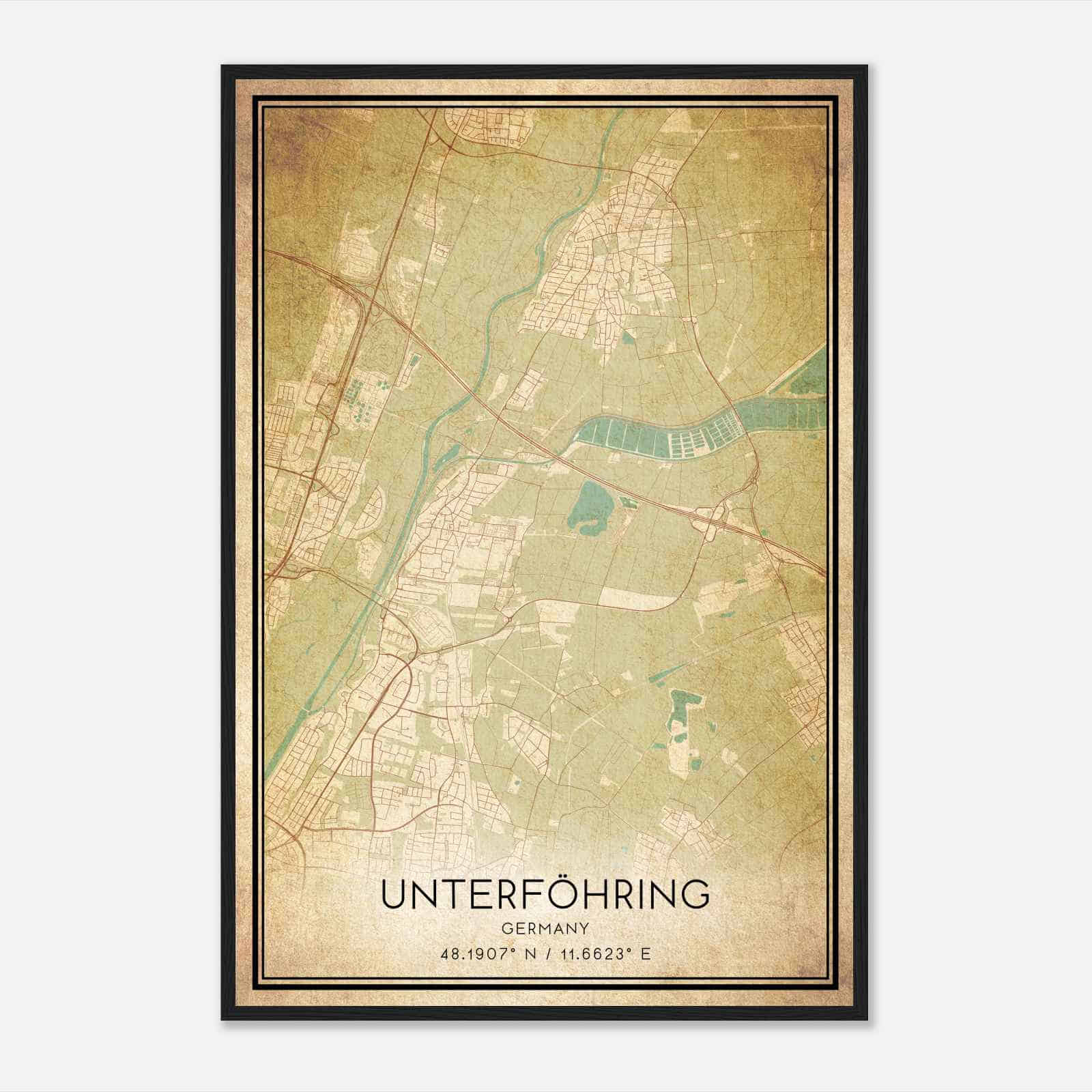 Vintage Unterfohring Germany Map Poster, Unterfohring City Road Wall Art Print