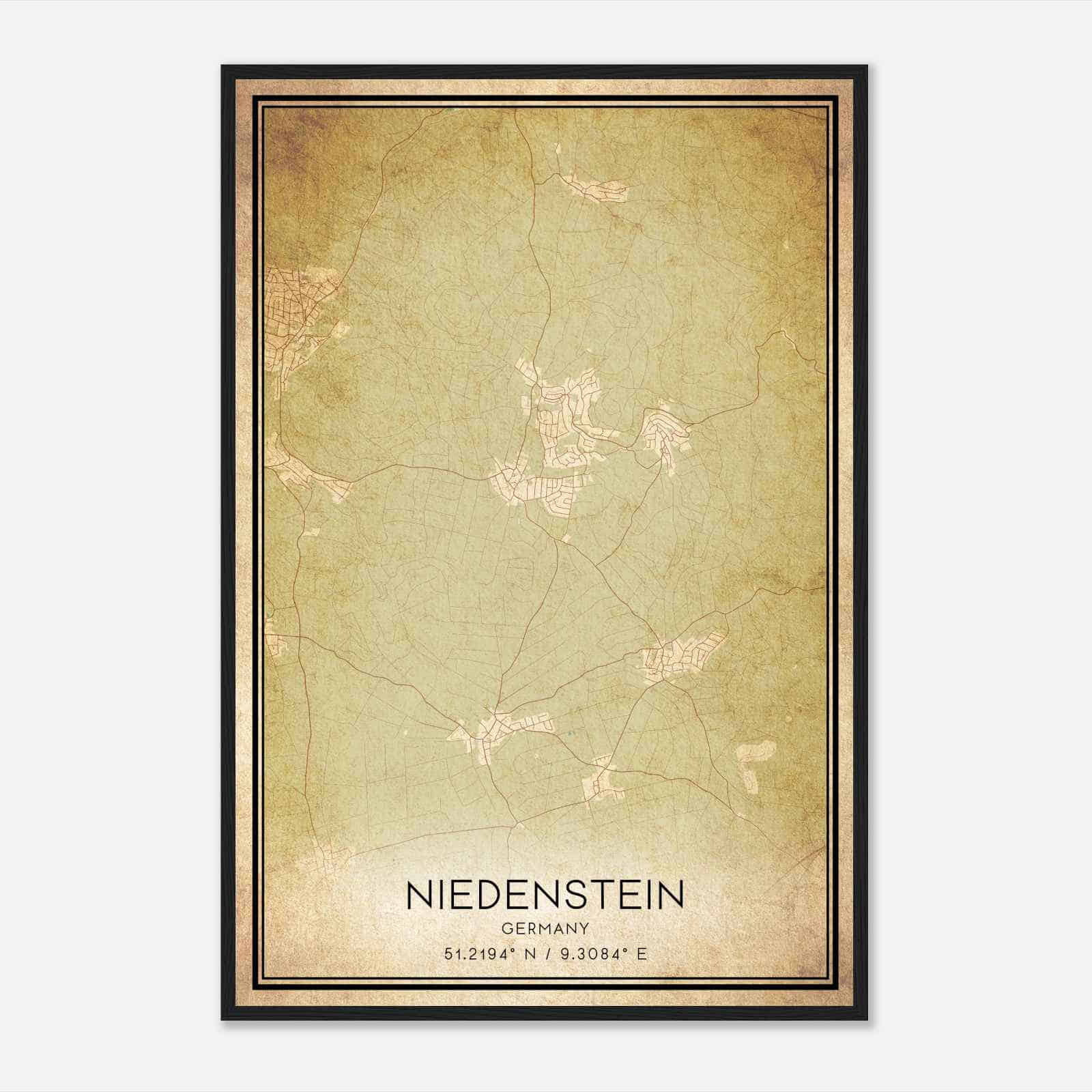 Vintage Niedenstein Germany Map Poster, Niedenstein City Road Wall Art Print